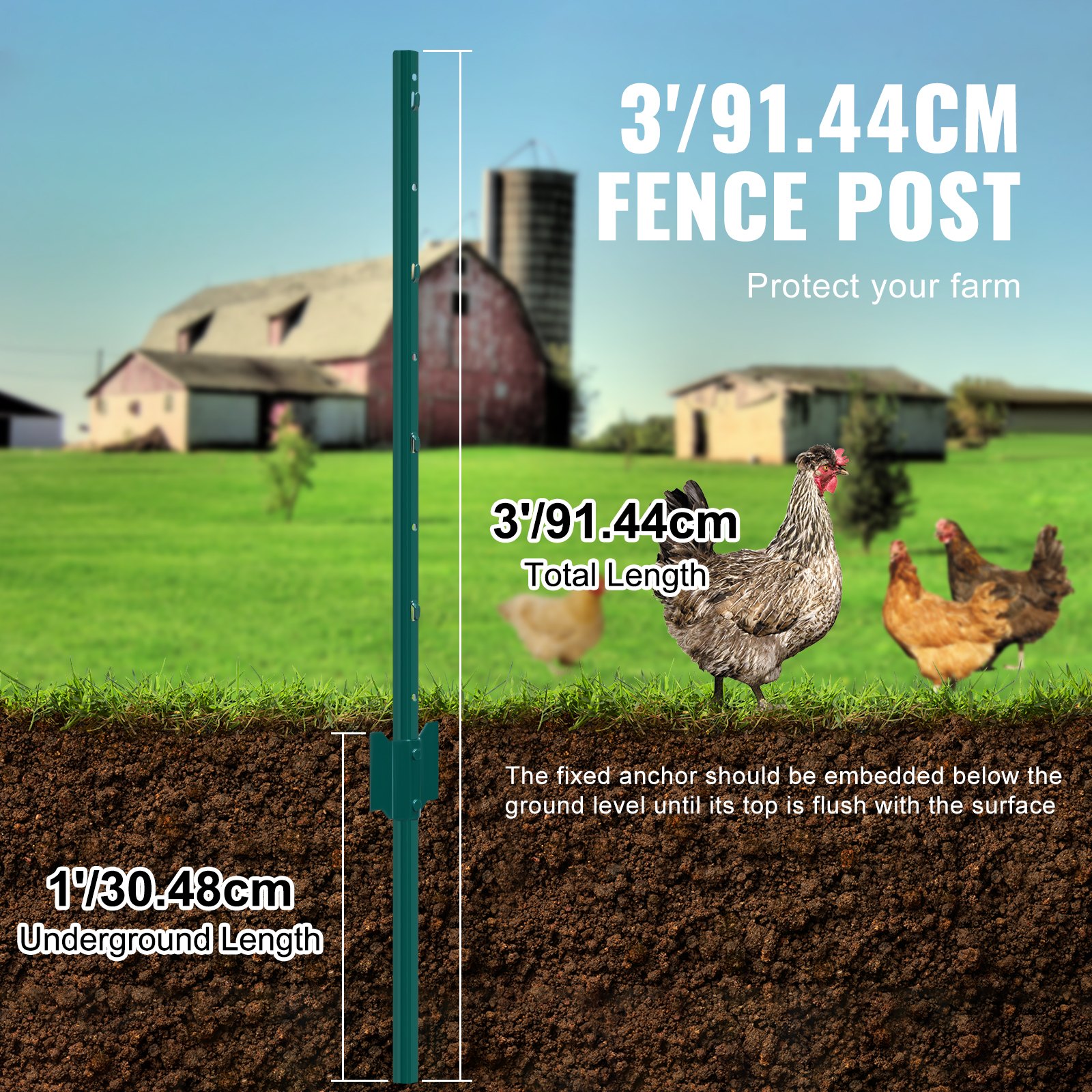 3 Feet Fence Post, 10 Pack U-Channel Heavy Duty Metal Fence Posts, Sturdy Steel Fence Stakes for Garden Yard, Lawn, Farms and Outdoor Wire Fencing, Green - Image 3
