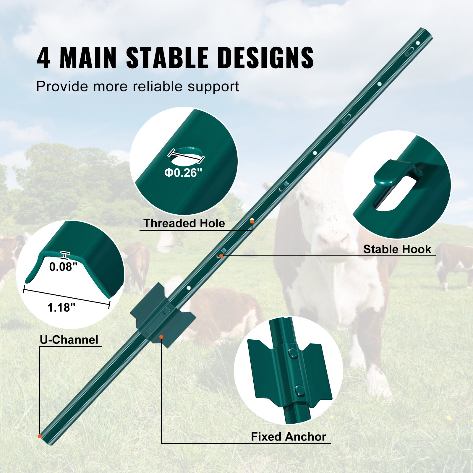 3 Feet Fence Post, 10 Pack U-Channel Heavy Duty Metal Fence Posts, Sturdy Steel Fence Stakes for Garden Yard, Lawn, Farms and Outdoor Wire Fencing, Green - Image 4