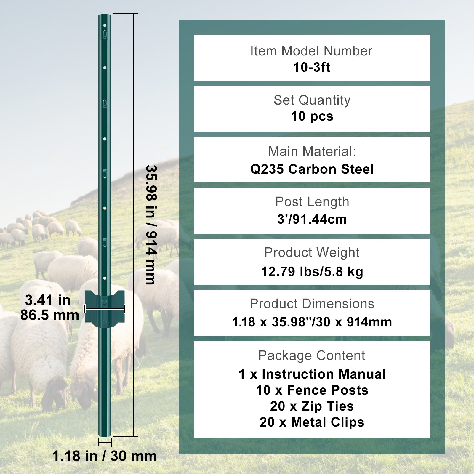 3 Feet Fence Post, 10 Pack U-Channel Heavy Duty Metal Fence Posts, Sturdy Steel Fence Stakes for Garden Yard, Lawn, Farms and Outdoor Wire Fencing, Green - Image 7