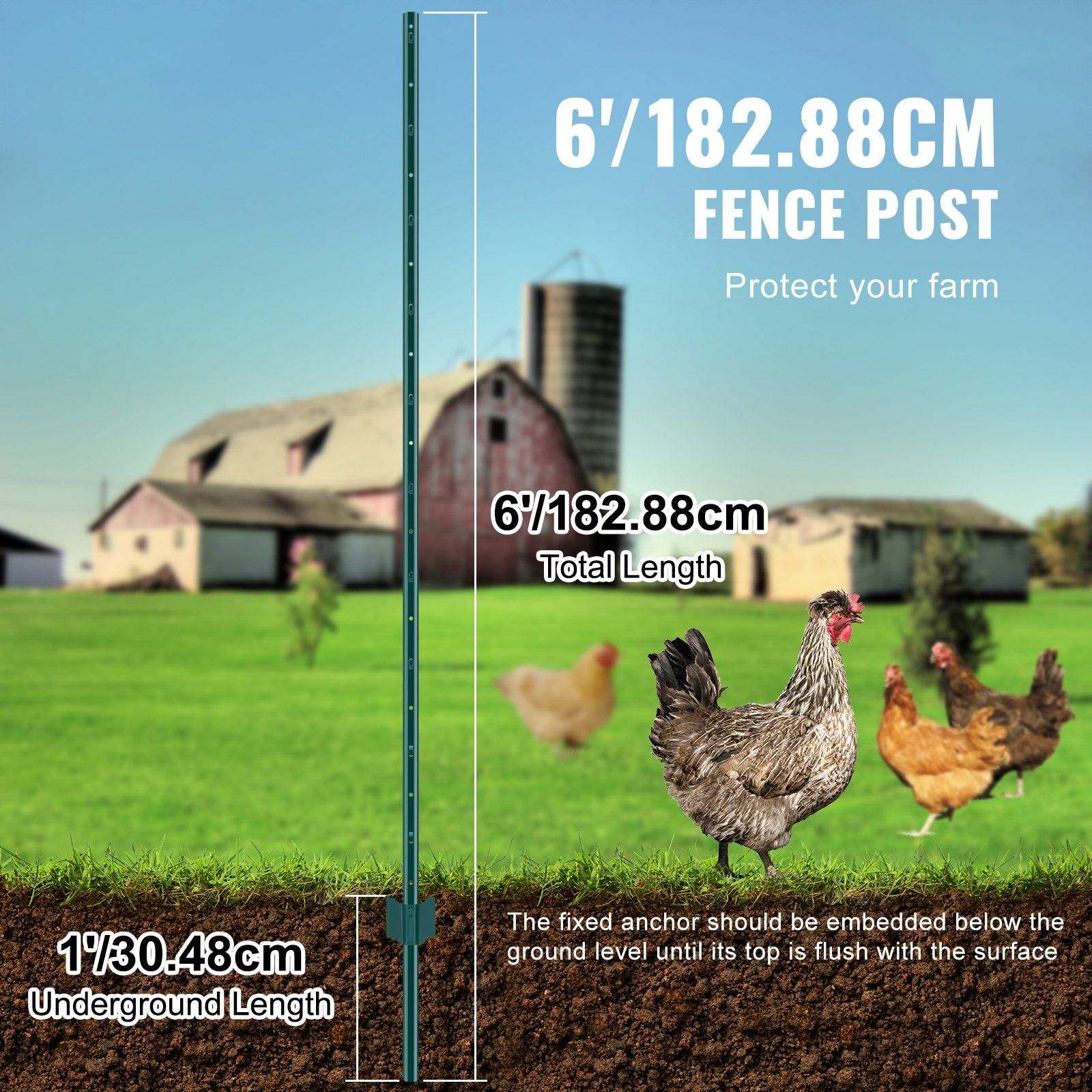 6 Feet Fence Post, 10 Pack U-Channel Heavy Duty Metal Fence Posts, Sturdy Steel Fence Stakes for Garden Yard, Lawn, Farms and Outdoor Wire Fencing, Green - Image 3