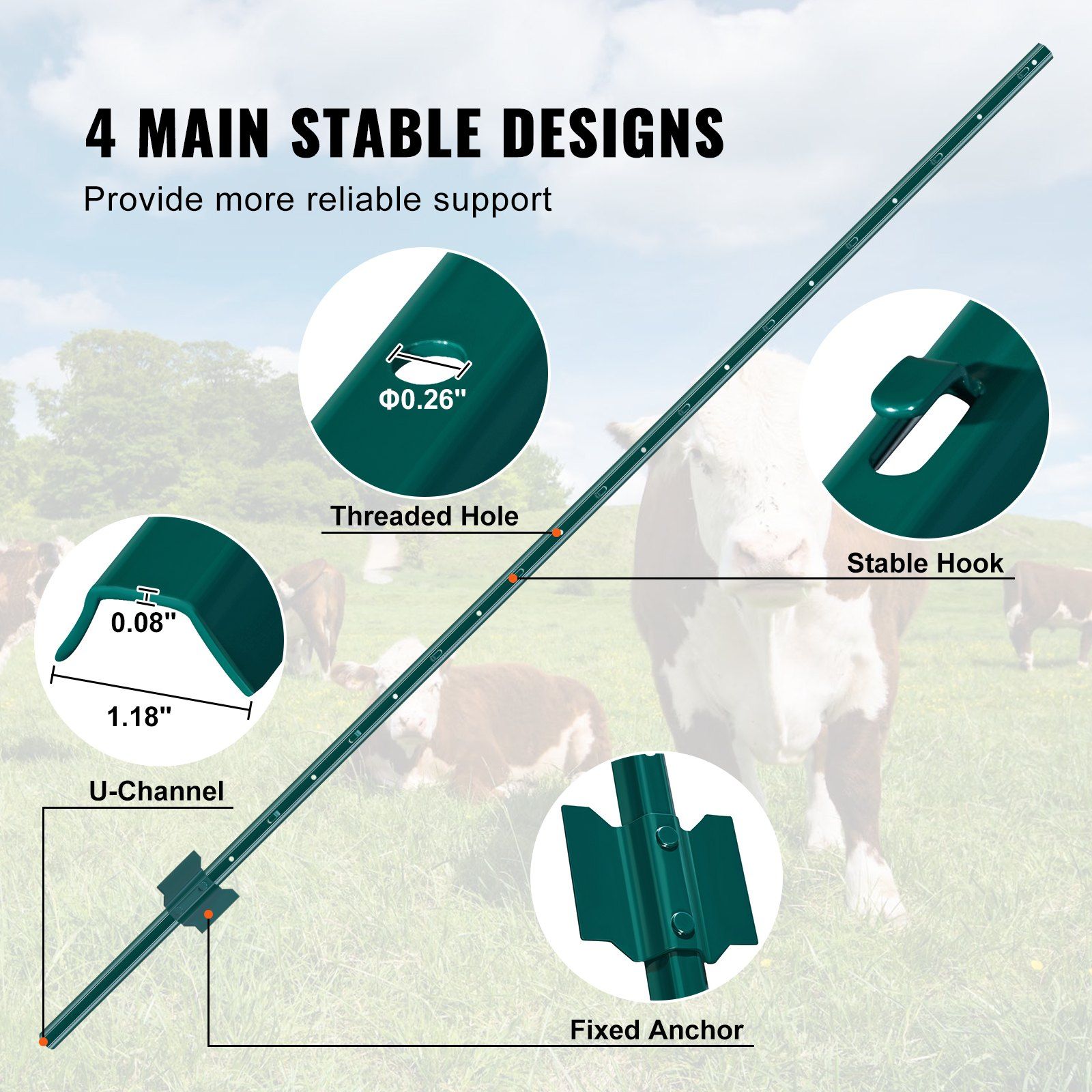 6 Feet Fence Post, 10 Pack U-Channel Heavy Duty Metal Fence Posts, Sturdy Steel Fence Stakes for Garden Yard, Lawn, Farms and Outdoor Wire Fencing, Green - Image 4