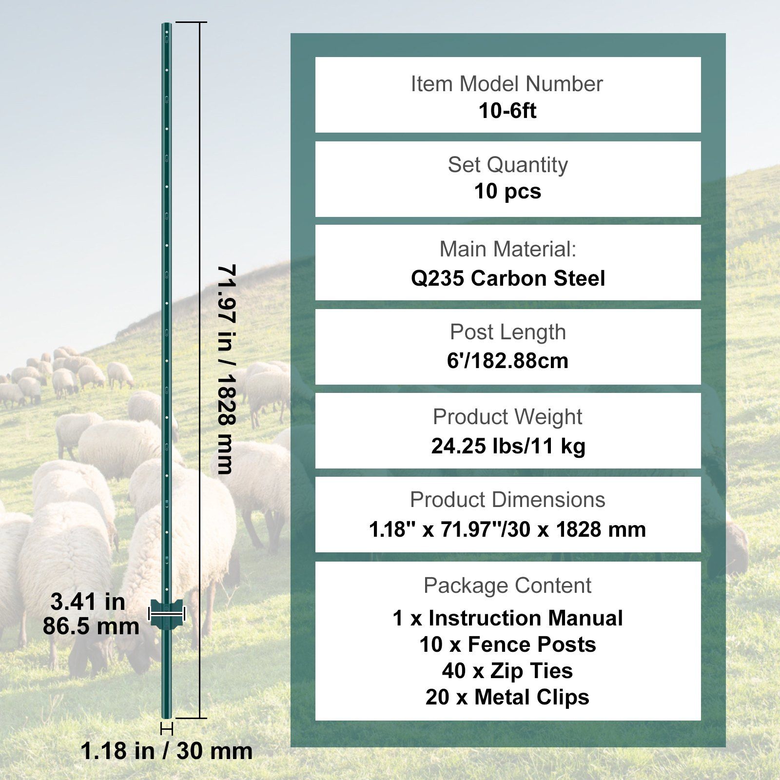 6 Feet Fence Post, 10 Pack U-Channel Heavy Duty Metal Fence Posts, Sturdy Steel Fence Stakes for Garden Yard, Lawn, Farms and Outdoor Wire Fencing, Green - Image 7