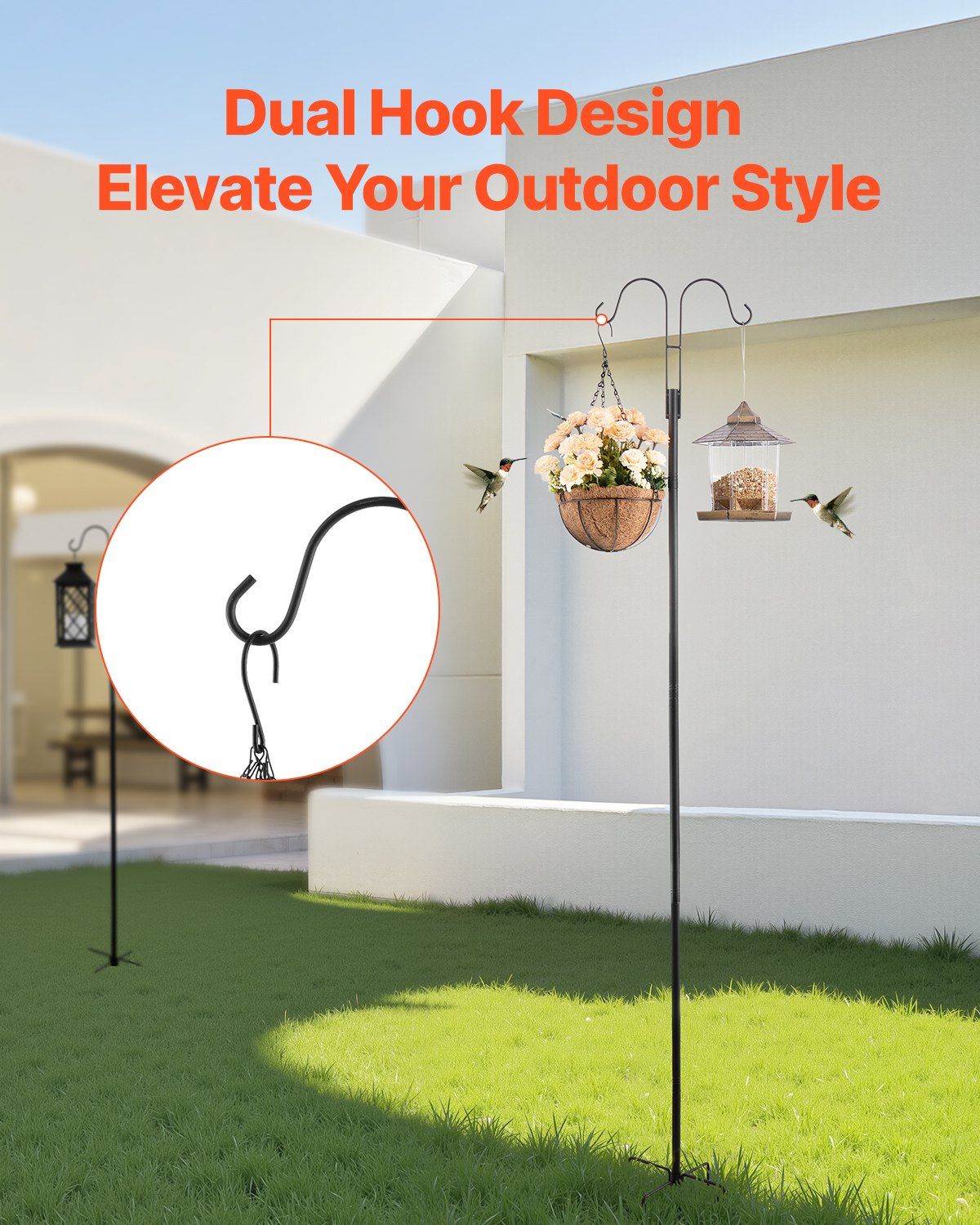 Double Shepherds Hooks for Outdoor, 8 Pack 2730 mm Heavy Duty Bird Feeder Pole, 19 mm Thick Garden Hooks for Hanging Hummingbird Feeder, Plant Baskets, Solar Light Lanterns,Wind Chimes - Image 2