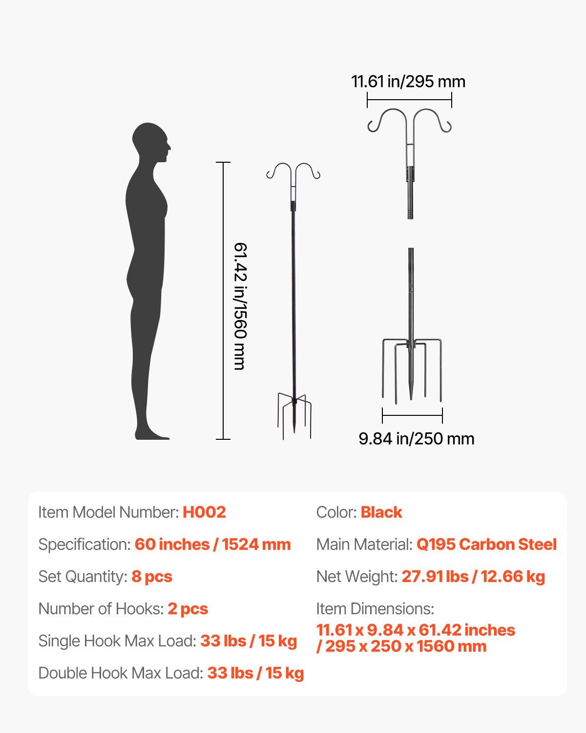 Double Shepherds Hooks for Outdoor, 8 Pack 1560 mm Heavy Duty Bird Feeder Pole, 19 mm Thick Garden Hooks for Hanging Hummingbird Feeder, Plant Baskets, Solar Light Lanterns,Wind Chimes - Image 7