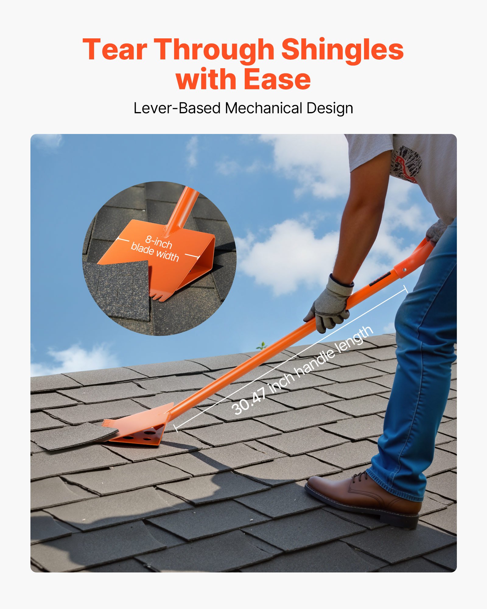 Shingle Shovel 1 Pack, D-Grip Handle Shingle Roof Ripper, High Hardness 45# Steel & Lightweight Easy Tearing Off Roofing & Nails Tool, ideal for Commercial and Residential Use,Orange - Image 3