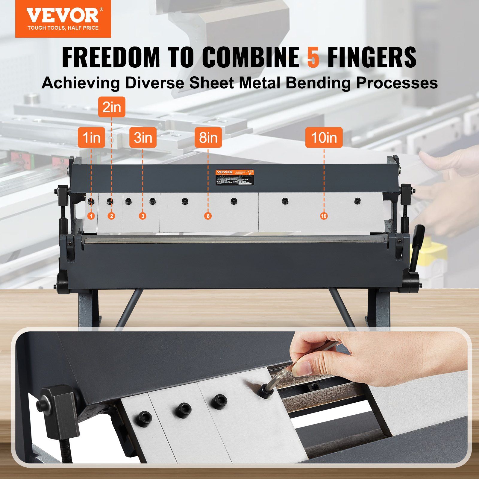 Box and Pan Brake, 610 ± 10 mm, 0-130 Degrees Sheet Metal Bending Brake, Portable Metal Bender with 20 Gauge Low Carbon Steel 14 Gauge Aluminum Capacity, 5 Adjustable Fingers for Metal Bending - Image 2