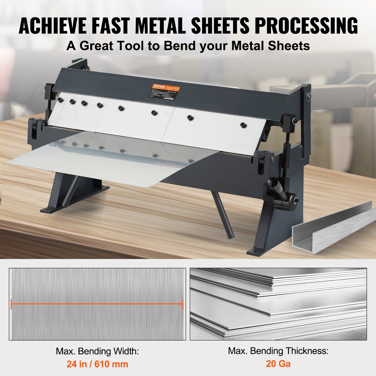 Box and Pan Brake, 610 ± 10 mm, 0-130 Degrees Sheet Metal Bending Brake, Portable Metal Bender with 20 Gauge Low Carbon Steel 14 Gauge Aluminum Capacity, 5 Adjustable Fingers for Metal Bending - Image 3