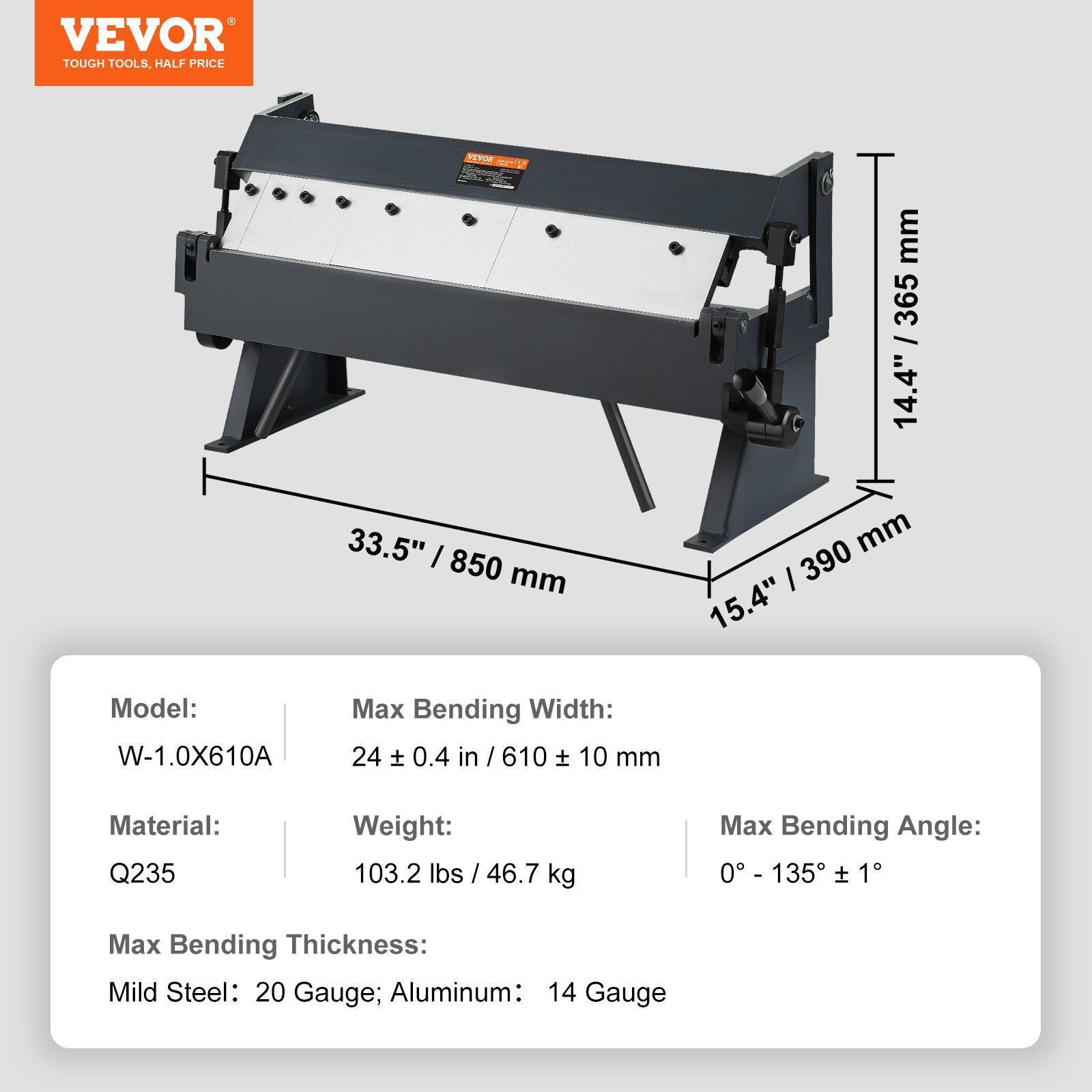 Box and Pan Brake, 610 ± 10 mm, 0-130 Degrees Sheet Metal Bending Brake, Portable Metal Bender with 20 Gauge Low Carbon Steel 14 Gauge Aluminum Capacity, 5 Adjustable Fingers for Metal Bending - Image 7