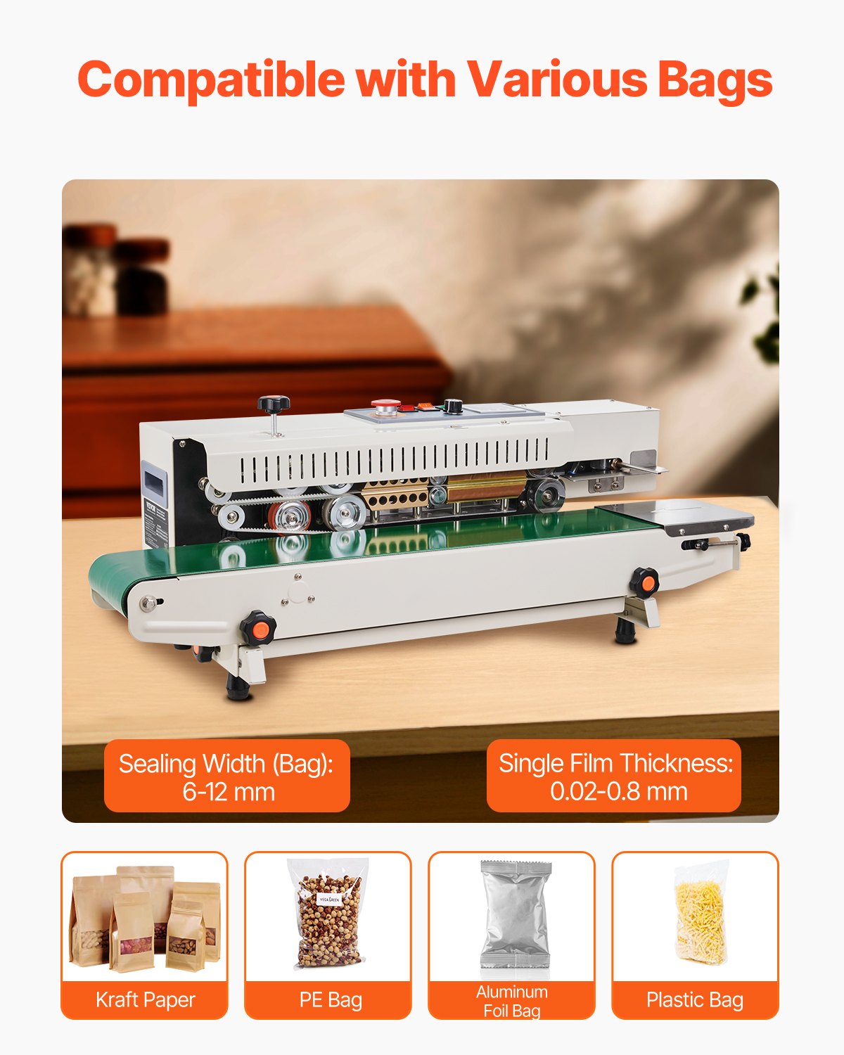Continuous Bag Band Sealing Machine, 6-12 mm Seal Width, Horizontal Band Sealer Machine with Digital Temperature Control, Bag Sealer for 0.02-0.8 mm Plastic Bags Films with Inflation Function - Image 3