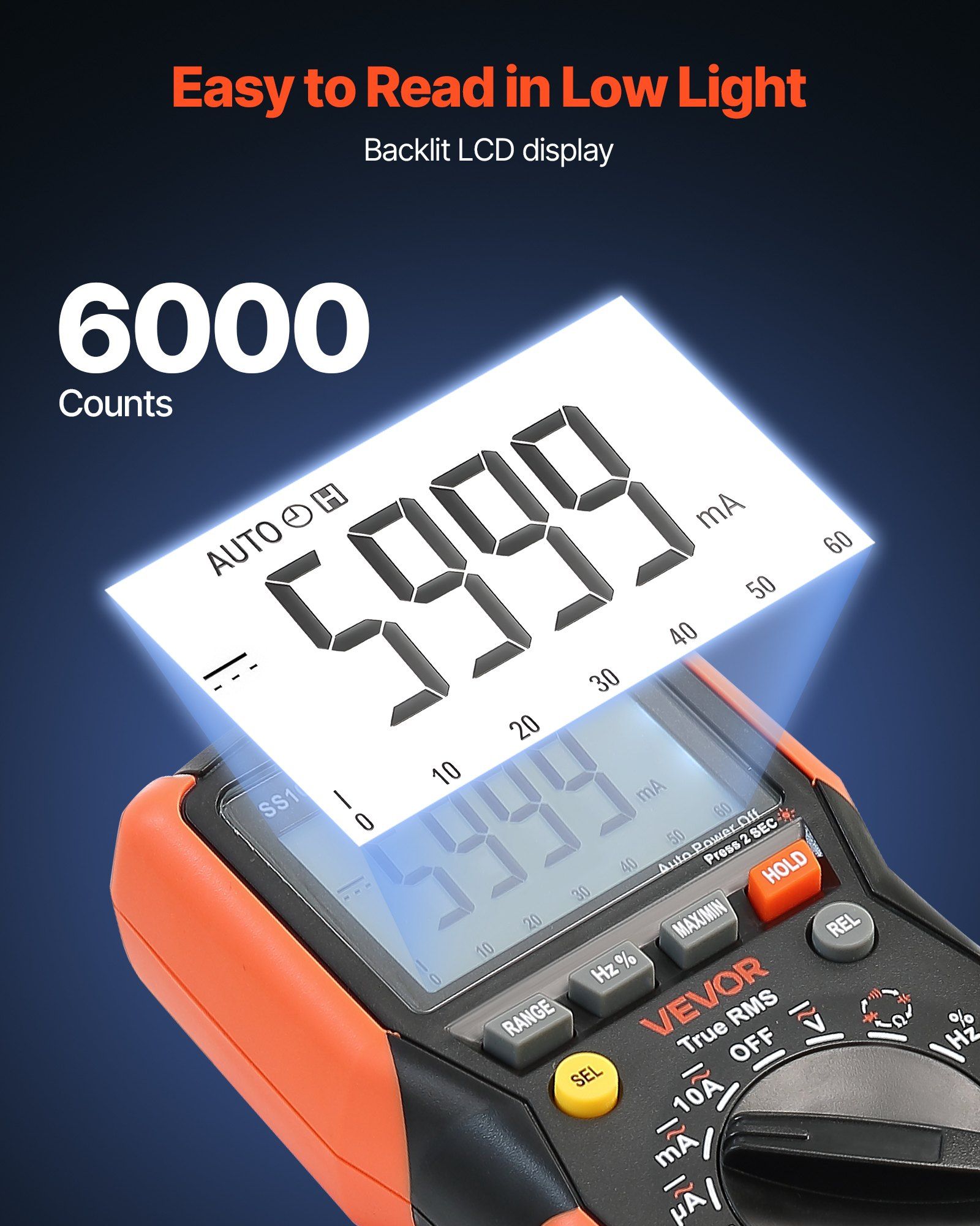 Digital Multimeter, 6000-Count TRMS DC/AC Voltmeter Current Tester, Auto-Ranging Multimeter for Current Voltage Resistance Capacitance Temperature Diodes Continuity Low Impedance Measurment - Image 3