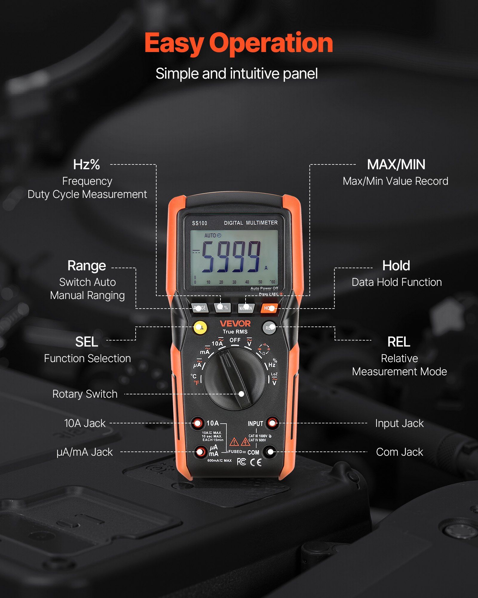Digital Multimeter, 6000-Count TRMS DC/AC Voltmeter Current Tester, Auto-Ranging Multimeter for Current Voltage Resistance Capacitance Temperature Diodes Continuity Low Impedance Measurment - Image 6