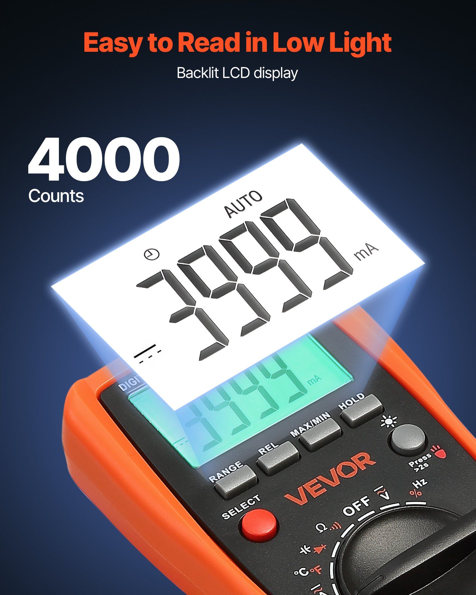 Digital Multimeter, 4000-Count TRMS DC/AC Voltmeter Current Tester, Auto-Ranging Multimeter for Current Voltage Resistance Capacitance Temperature Diodes Continuity Duty-Cycle Measurments - Image 3