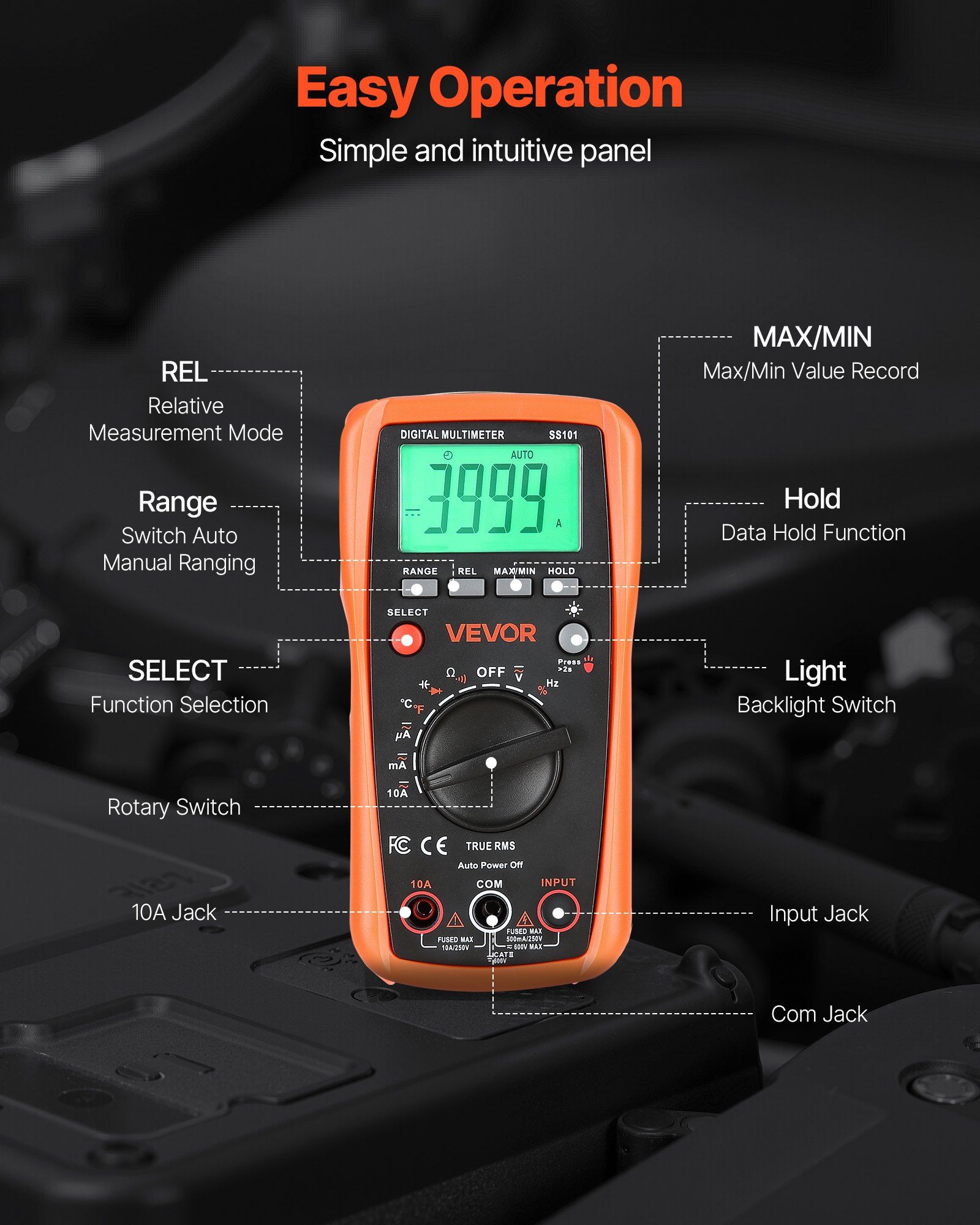 Digital Multimeter, 4000-Count TRMS DC/AC Voltmeter Current Tester, Auto-Ranging Multimeter for Current Voltage Resistance Capacitance Temperature Diodes Continuity Duty-Cycle Measurments - Image 6