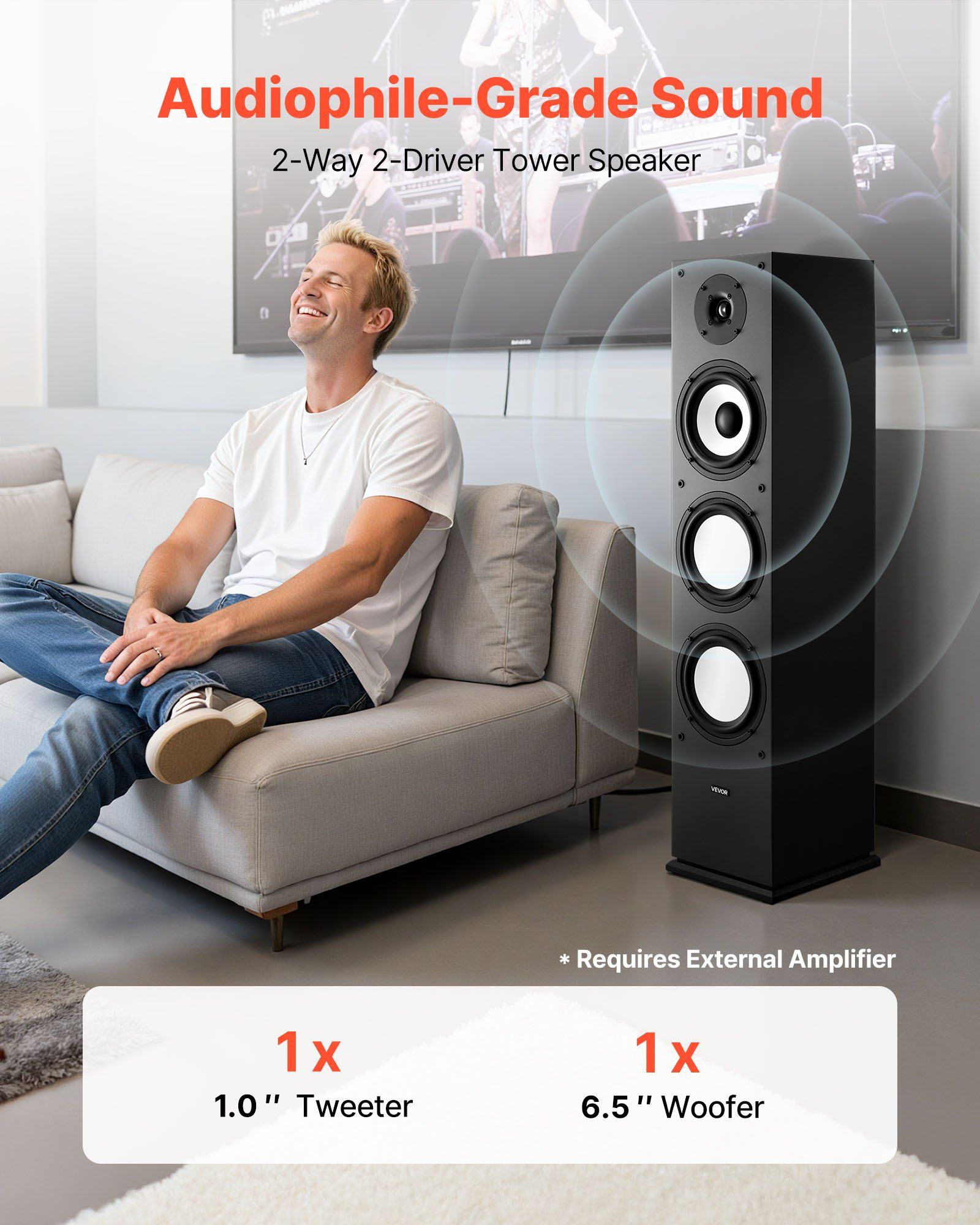 Floorstanding Speaker, 2-Way, Floor-Standing Tower Speaker with 25.4 mm Tweeter, 165.1 mm Woofer, 200W Peak Power, 70Hz–20kHz Frequency Response, Durable MDF Enclosure, for Home Audio, Single - Image 2
