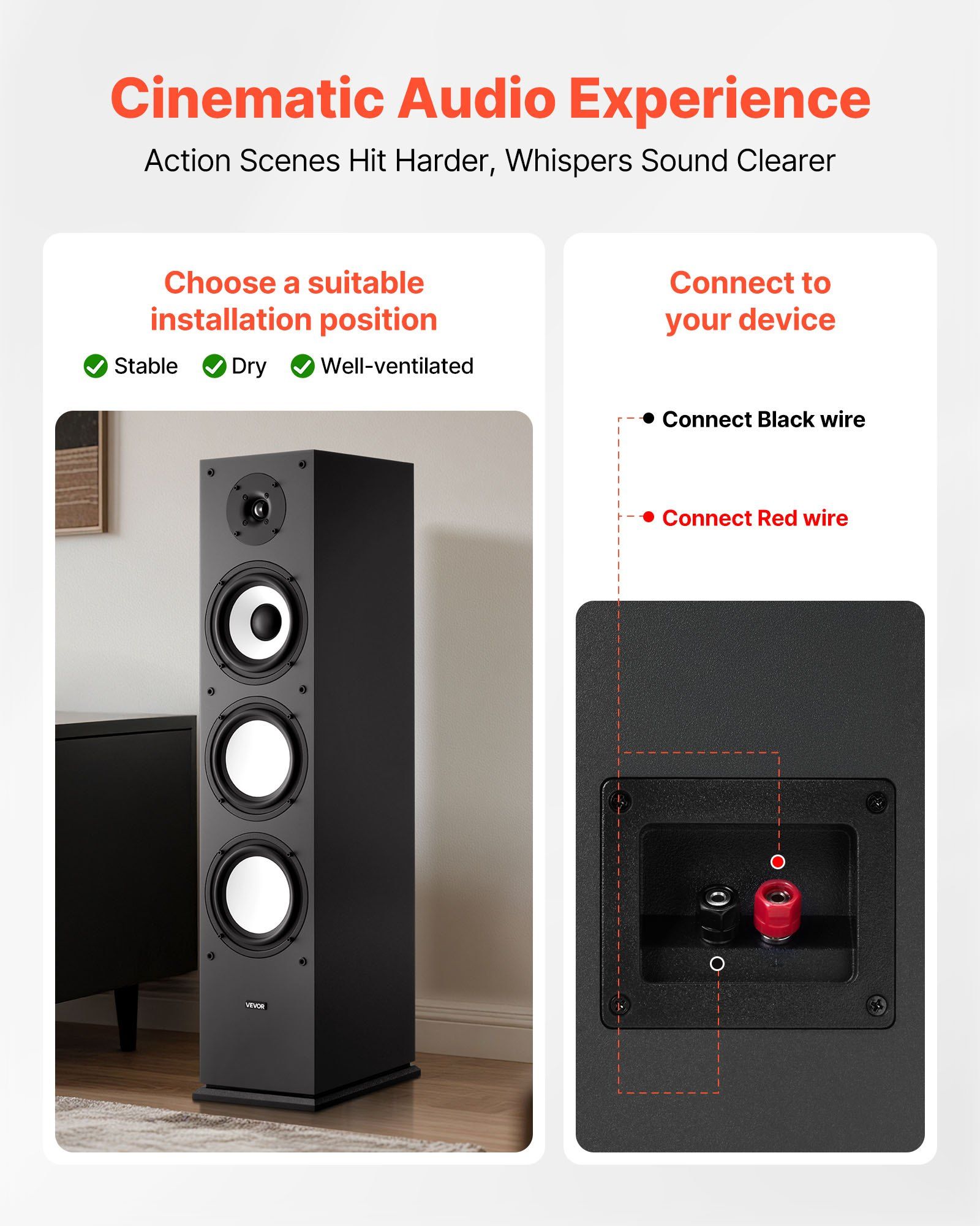 Floorstanding Speaker, 2-Way, Floor-Standing Tower Speaker with 25.4 mm Tweeter, 165.1 mm Woofer, 200W Peak Power, 70Hz–20kHz Frequency Response, Durable MDF Enclosure, for Home Audio, Single - Image 6