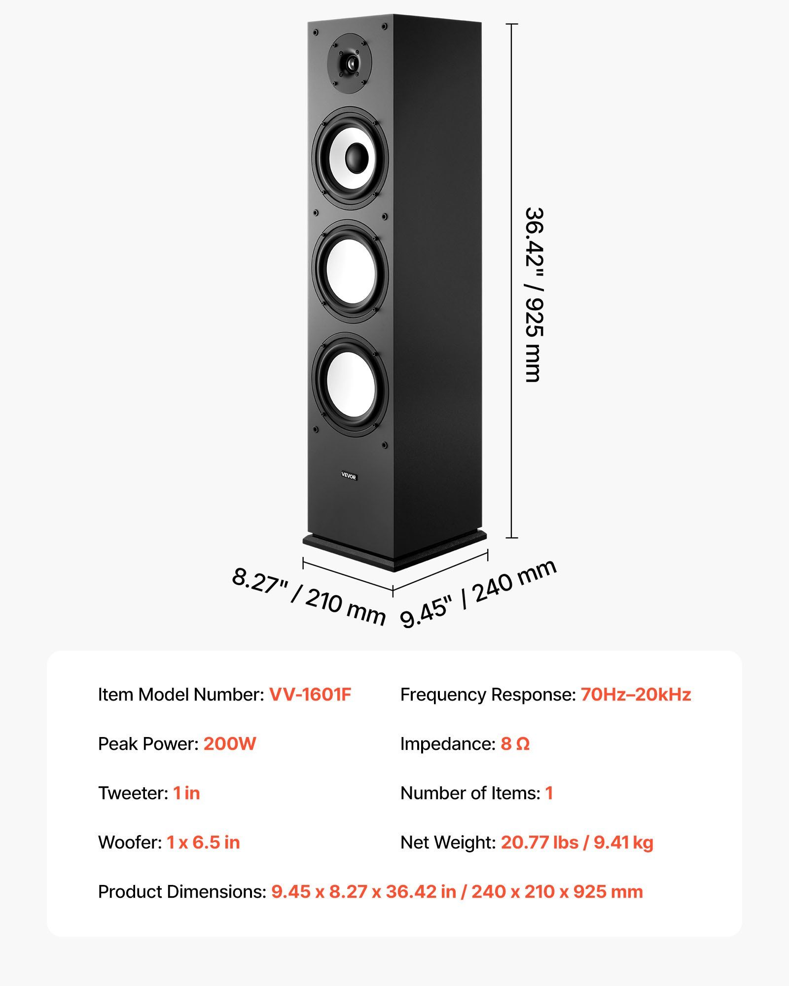 Floorstanding Speaker, 2-Way, Floor-Standing Tower Speaker with 25.4 mm Tweeter, 165.1 mm Woofer, 200W Peak Power, 70Hz–20kHz Frequency Response, Durable MDF Enclosure, for Home Audio, Single - Image 7