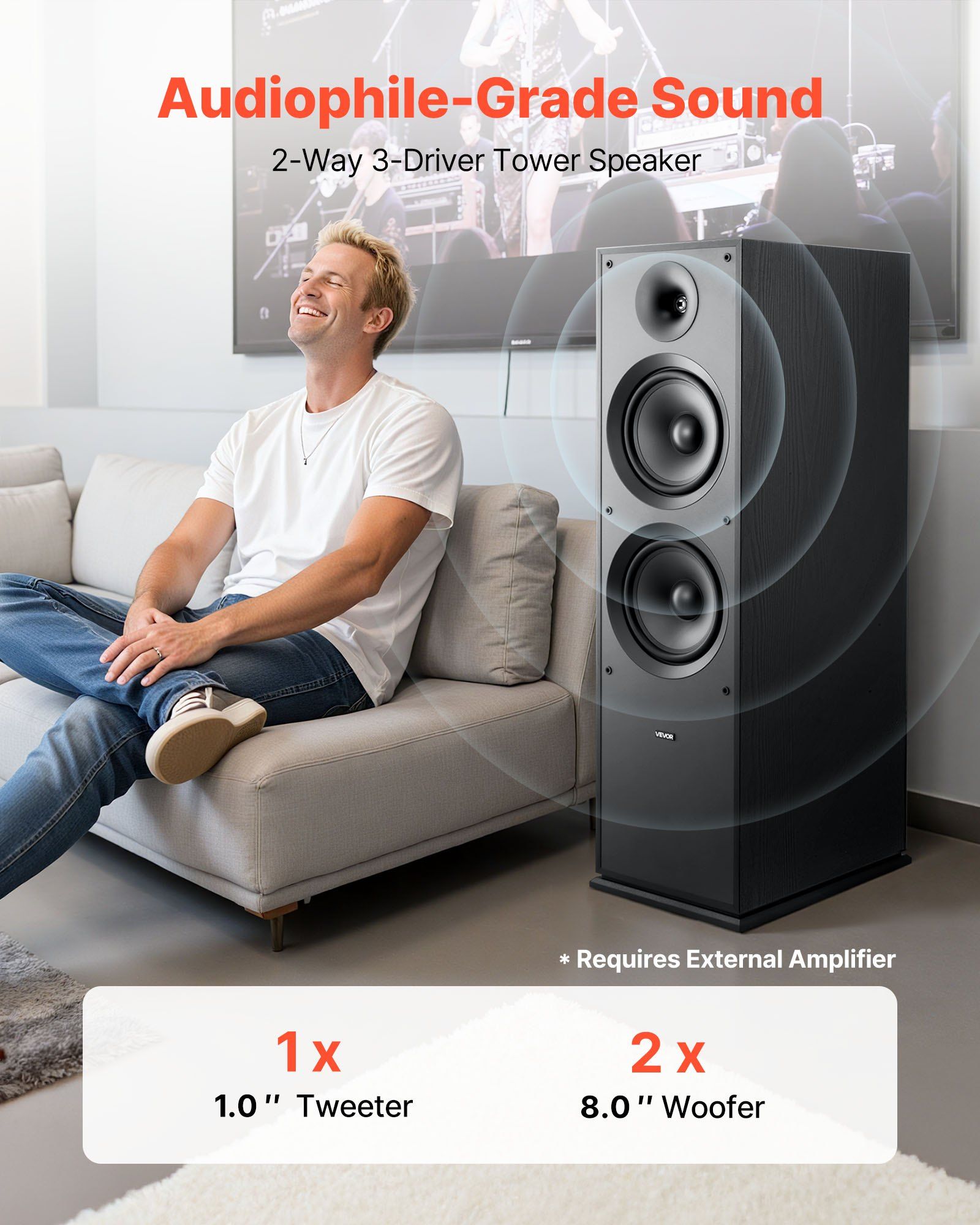 Floorstanding Speaker, 2-Way, Floor-Standing Tower Speaker with 25.4 mm Tweeter, Dual 203.2 mm Woofers, 600W Peak, 50Hz–20kHz Frequency Response, Durable MDF Enclosure, for Home Audio, Single - Image 2
