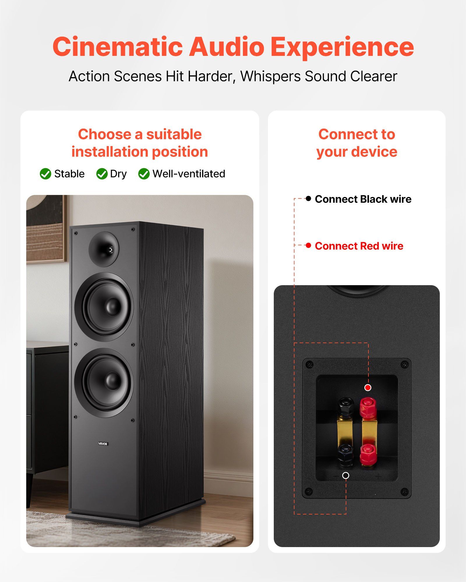 Floorstanding Speaker, 2-Way, Floor-Standing Tower Speaker with 25.4 mm Tweeter, Dual 203.2 mm Woofers, 600W Peak, 50Hz–20kHz Frequency Response, Durable MDF Enclosure, for Home Audio, Single - Image 6