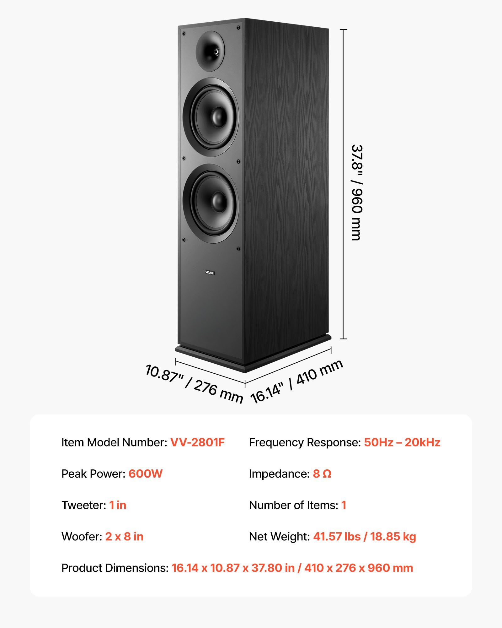 Floorstanding Speaker, 2-Way, Floor-Standing Tower Speaker with 25.4 mm Tweeter, Dual 203.2 mm Woofers, 600W Peak, 50Hz–20kHz Frequency Response, Durable MDF Enclosure, for Home Audio, Single - Image 7