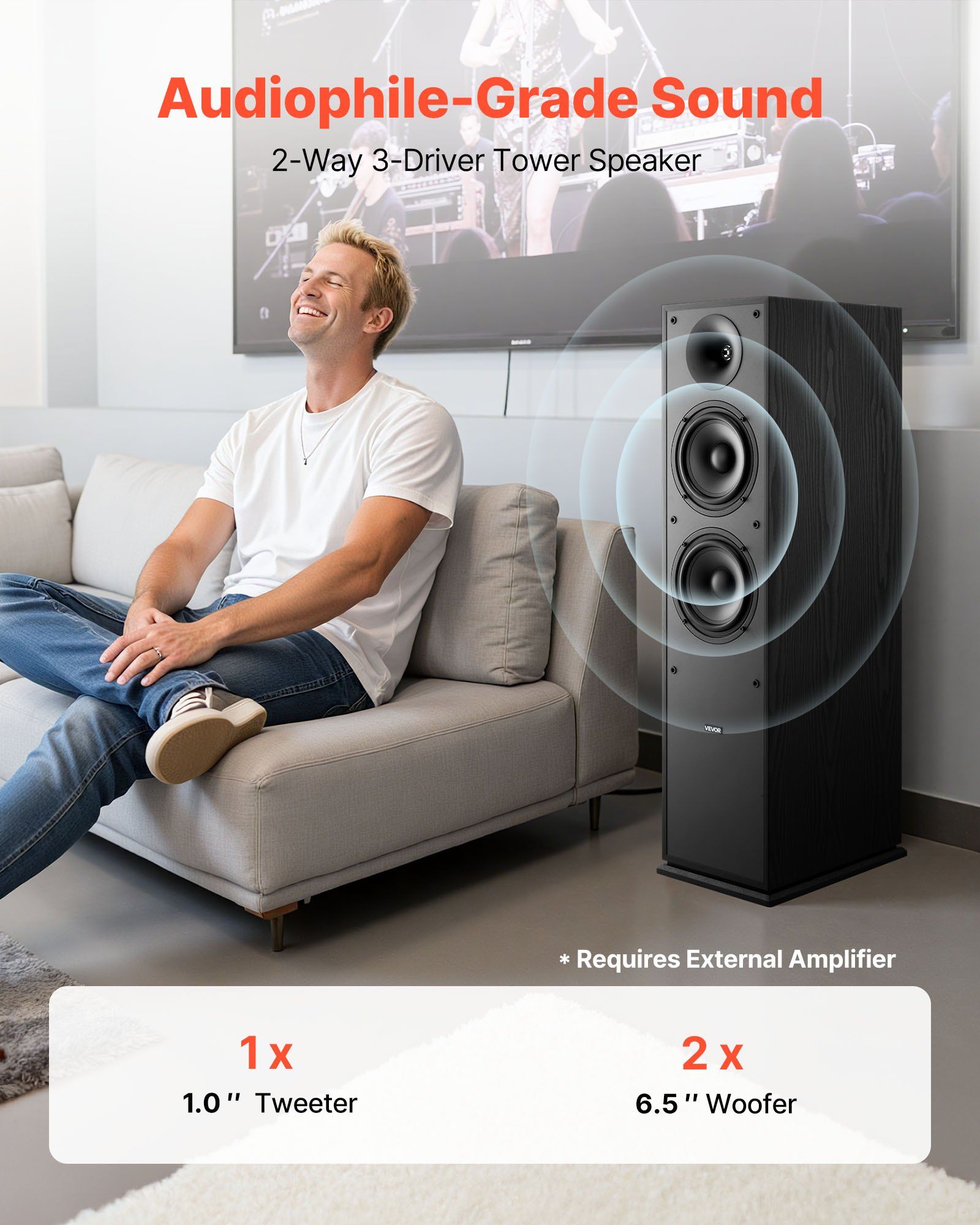 Floorstanding Speakers, 2-Way, Floor-Standing Tower Speakers with 25.4 mm Tweeter, Dual 165.1 mm Woofers, 400W Peak, 65Hz–20kHz Frequency Response, Durable MDF Enclosure, for Home Audio, Pair - Image 2