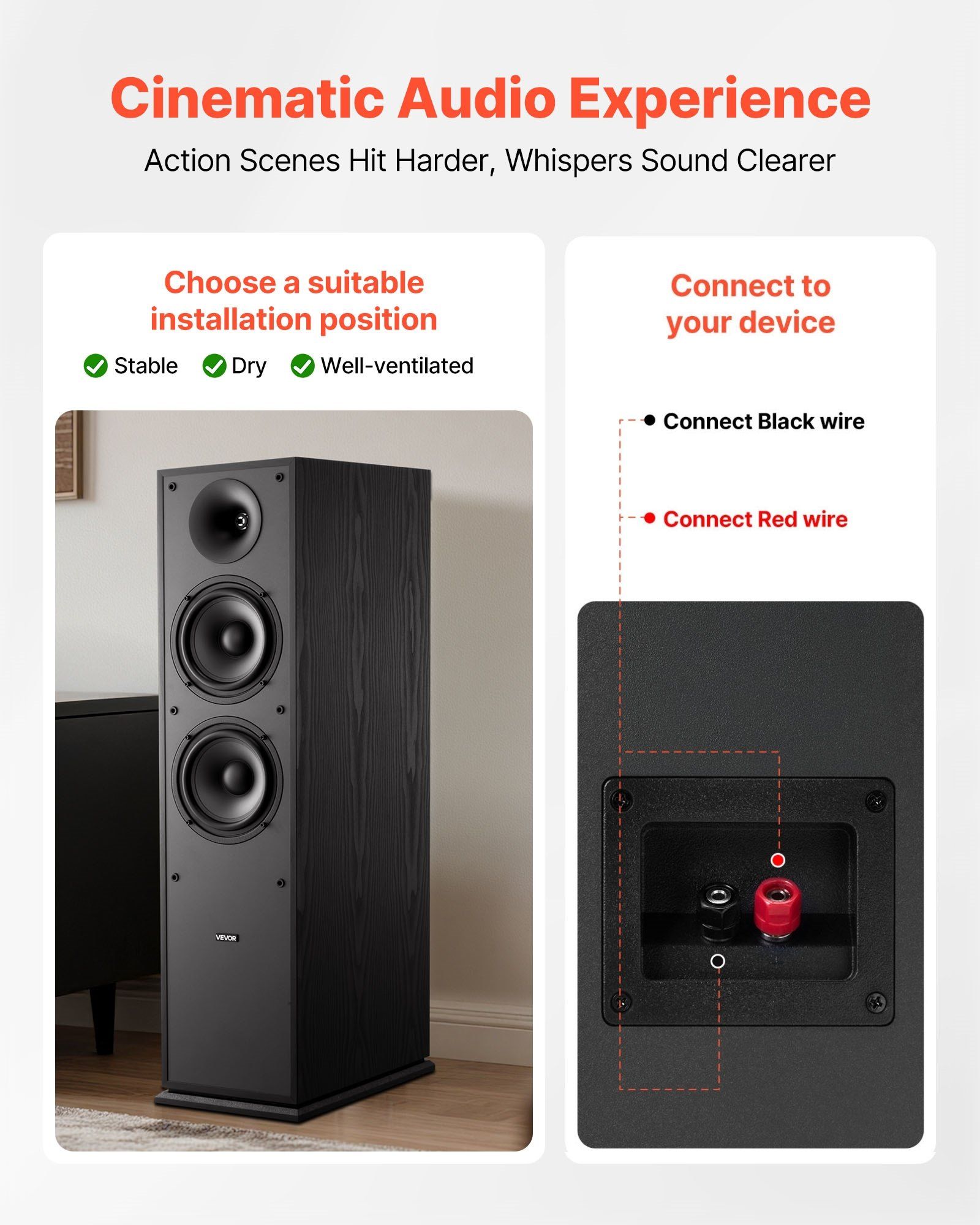 Floorstanding Speakers, 2-Way, Floor-Standing Tower Speakers with 25.4 mm Tweeter, Dual 165.1 mm Woofers, 400W Peak, 65Hz–20kHz Frequency Response, Durable MDF Enclosure, for Home Audio, Pair - Image 6