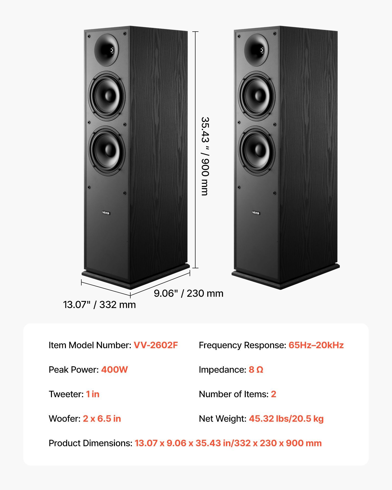 Floorstanding Speakers, 2-Way, Floor-Standing Tower Speakers with 25.4 mm Tweeter, Dual 165.1 mm Woofers, 400W Peak, 65Hz–20kHz Frequency Response, Durable MDF Enclosure, for Home Audio, Pair - Image 7