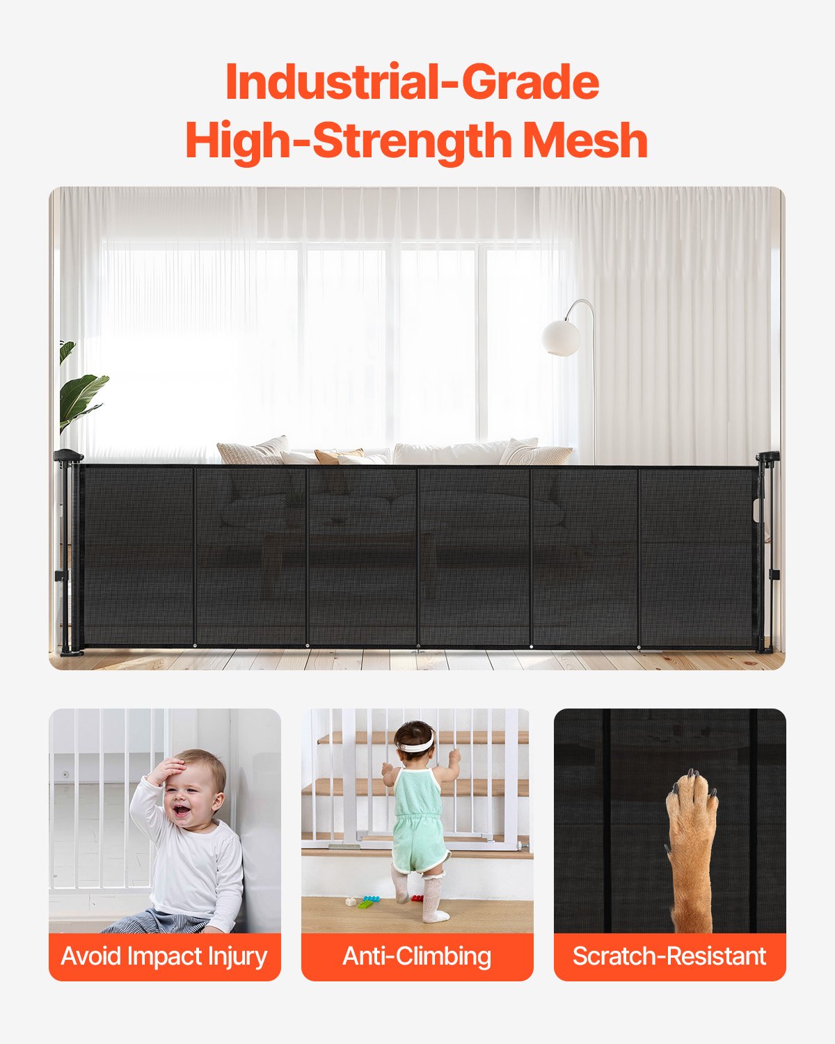 Retractable Baby Gate, 870 mm Tall, Extends up to 2800 mm Wide, Retractable Gate for Kids or Pets, Mesh Material, Easy to Install for Indoor Stairs, Doorways, Hallways, Playrooms, Black - Image 5