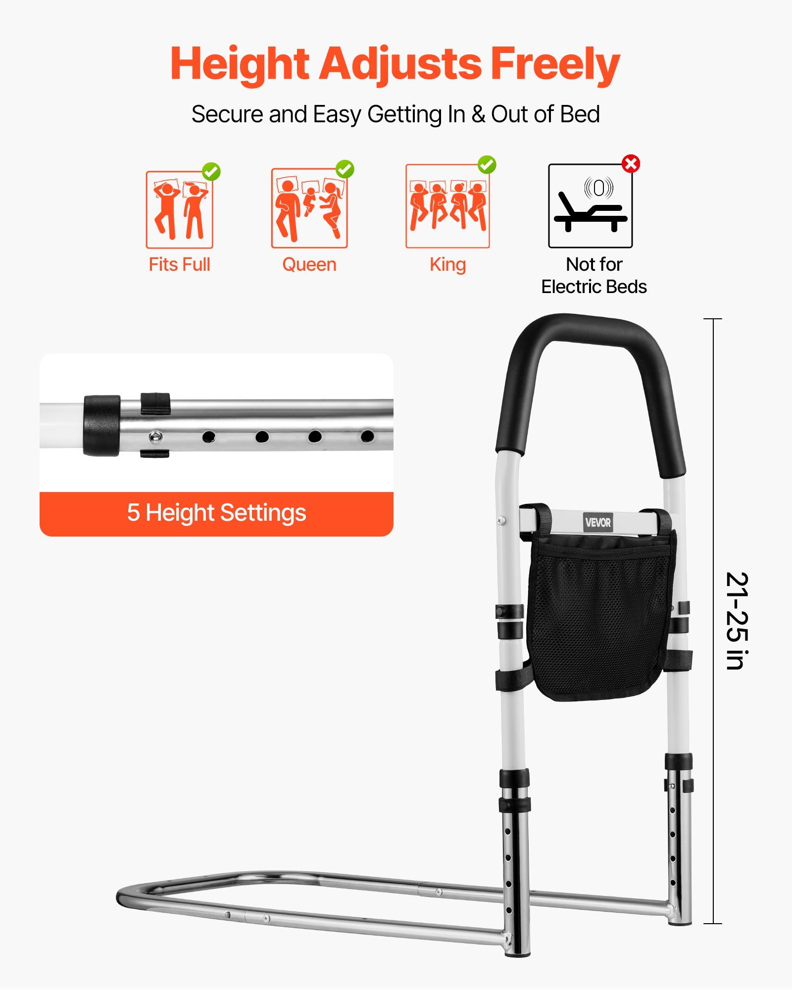 Bed Rail for Elderly, Bedside Assist Rails with PU Handrail, Adjustable Height Pipe Bedside Cane, High-Strength Carbon Steel Bed Bars for Seniors & Patients, Fits King, Queen, Full, Twin - Image 2