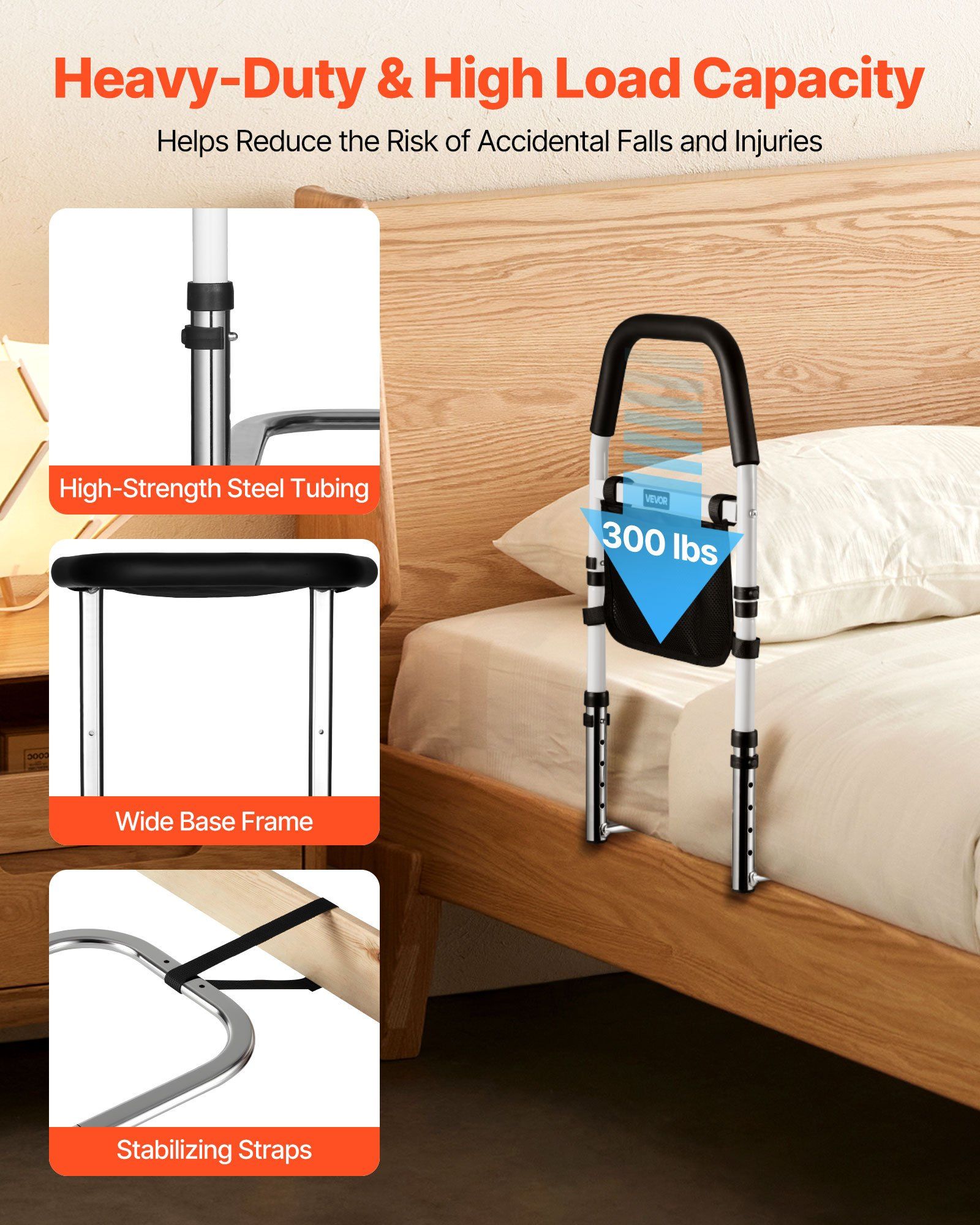 Bed Rail for Elderly, Bedside Assist Rails with PU Handrail, Adjustable Height Pipe Bedside Cane, High-Strength Carbon Steel Bed Bars for Seniors & Patients, Fits King, Queen, Full, Twin - Image 3
