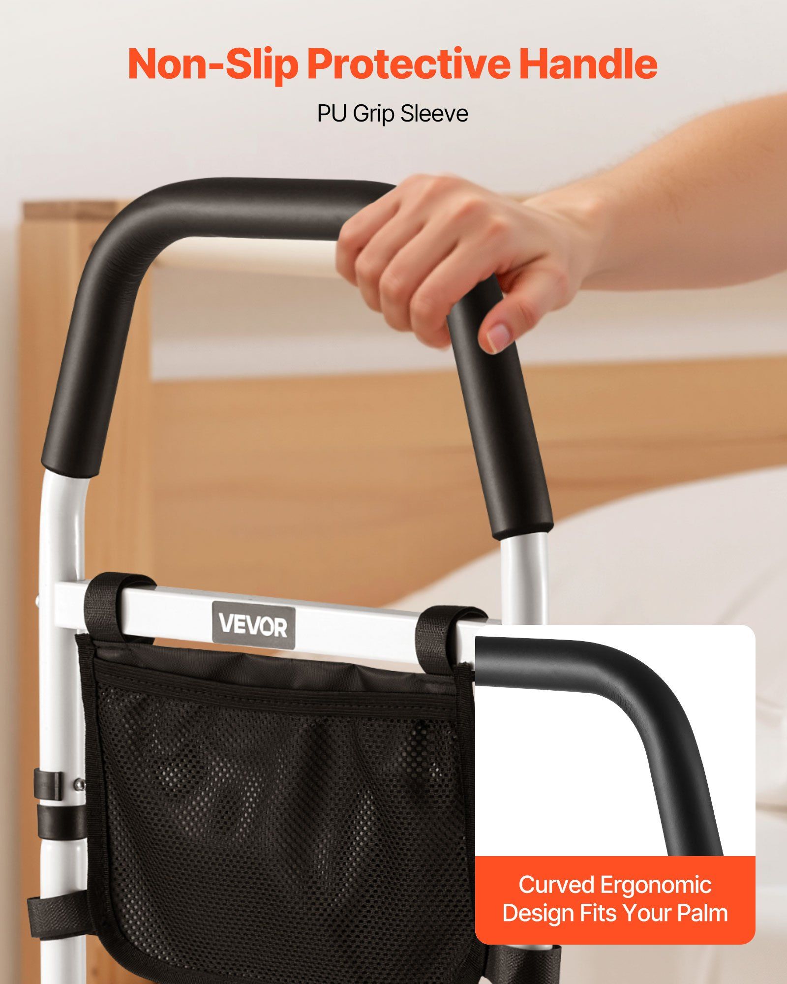 Bed Rail for Elderly, Bedside Assist Rails with PU Handrail, Adjustable Height Pipe Bedside Cane, High-Strength Carbon Steel Bed Bars for Seniors & Patients, Fits King, Queen, Full, Twin - Image 5