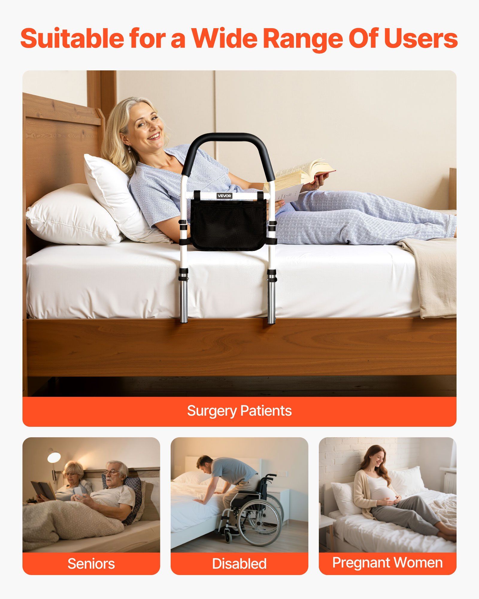 Bed Rail for Elderly, Bedside Assist Rails with PU Handrail, Adjustable Height Pipe Bedside Cane, High-Strength Carbon Steel Bed Bars for Seniors & Patients, Fits King, Queen, Full, Twin - Image 6
