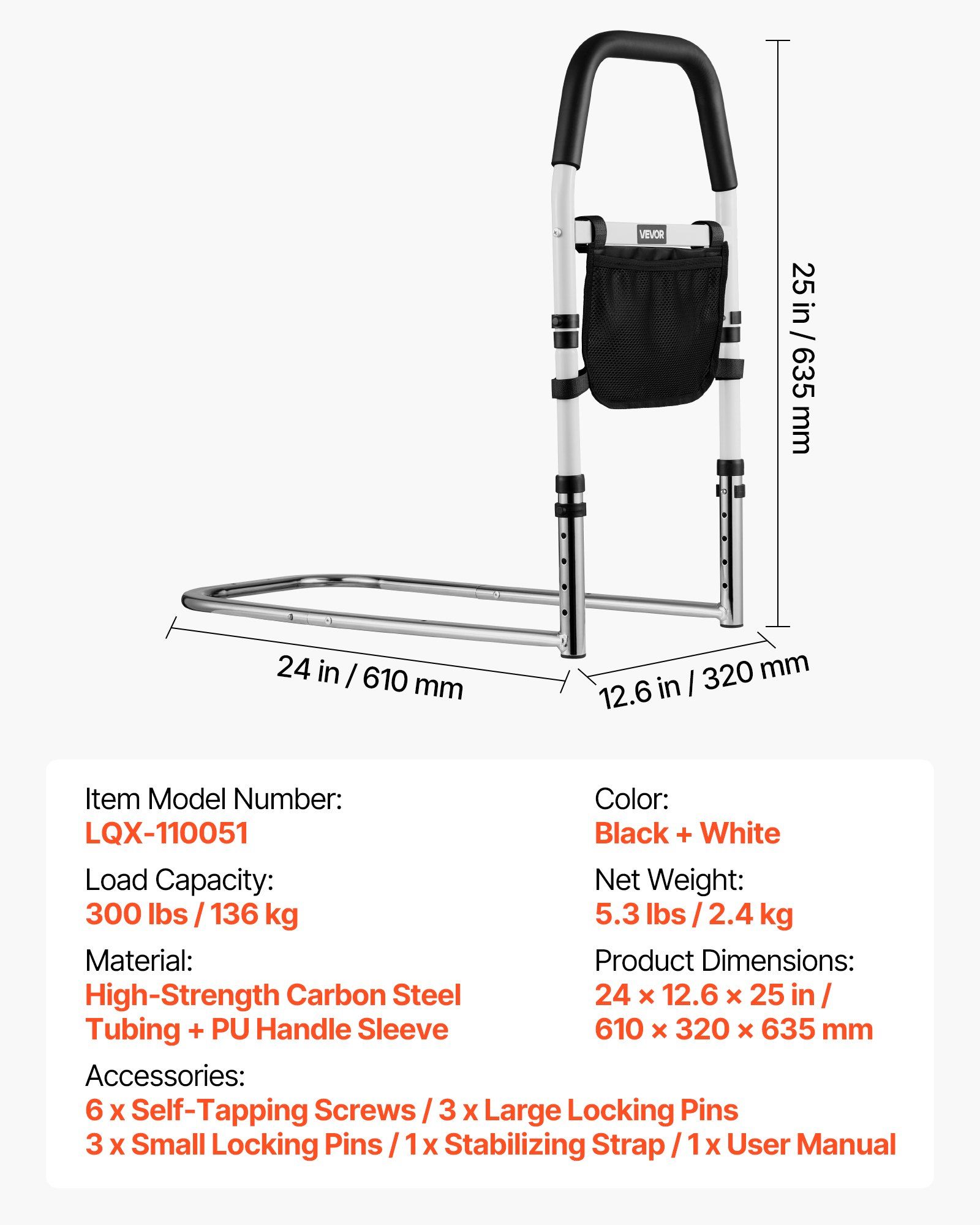 Bed Rail for Elderly, Bedside Assist Rails with PU Handrail, Adjustable Height Pipe Bedside Cane, High-Strength Carbon Steel Bed Bars for Seniors & Patients, Fits King, Queen, Full, Twin - Image 7
