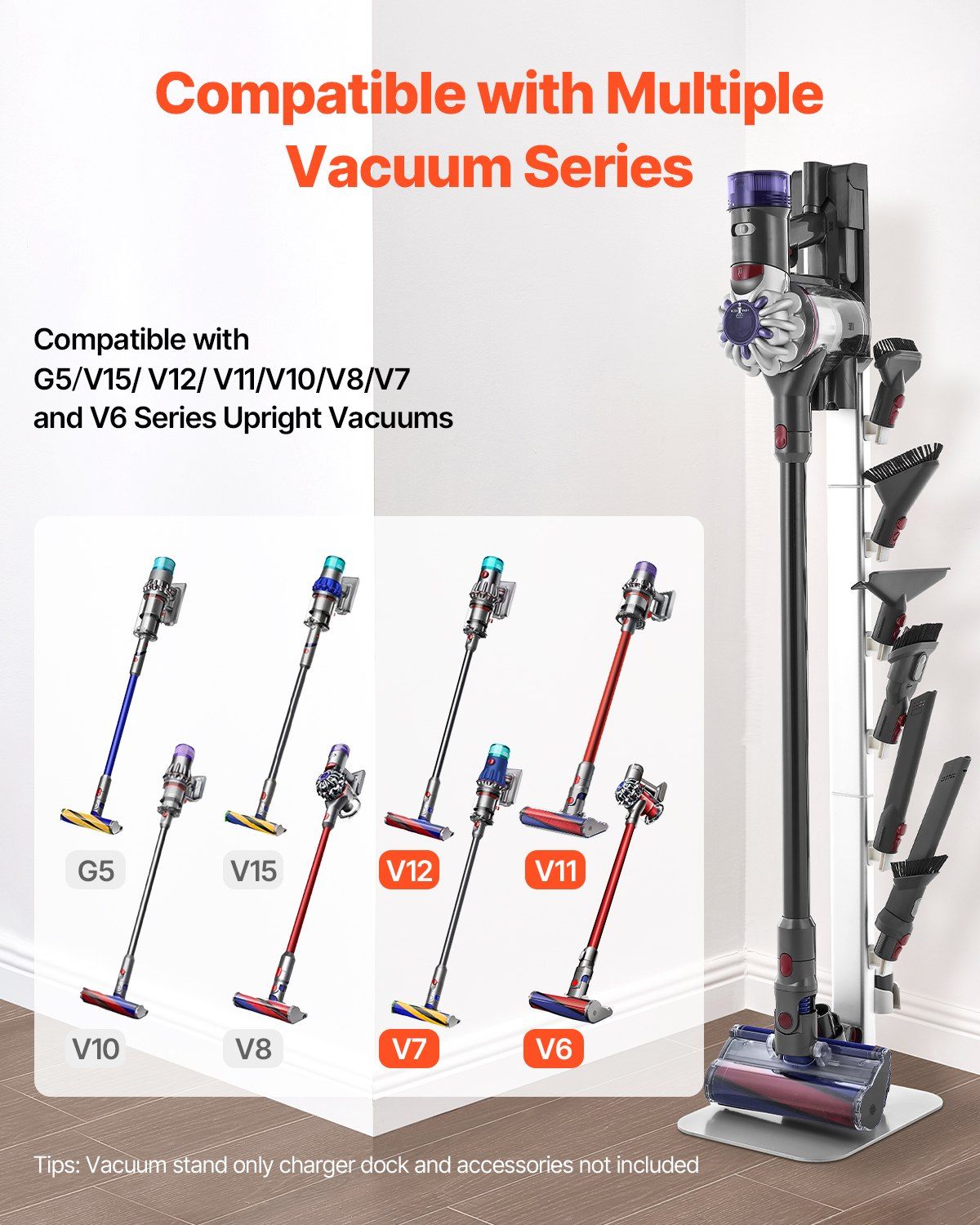 Vacuum Stand, Compatible with Dyson G5 V15 V12 V11 V10 V8 V7 V6 Series Upright Vacuums Cleaners & Accessories, Stable Vacuum Stand Holder with 6 Hooks and Non-slip Footpads, Gray - Image 2