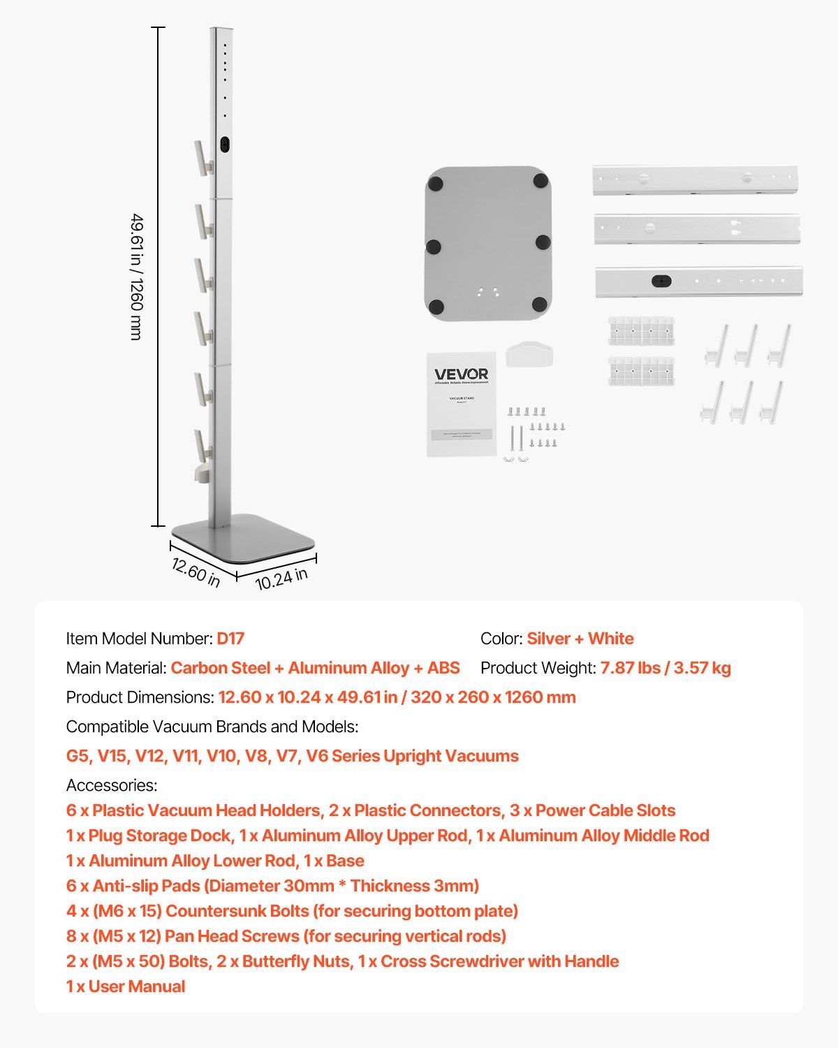 Vacuum Stand, Compatible with Dyson G5 V15 V12 V11 V10 V8 V7 V6 Series Upright Vacuums Cleaners & Accessories, Stable Vacuum Stand Holder with 6 Hooks and Non-slip Footpads, Gray - Image 7