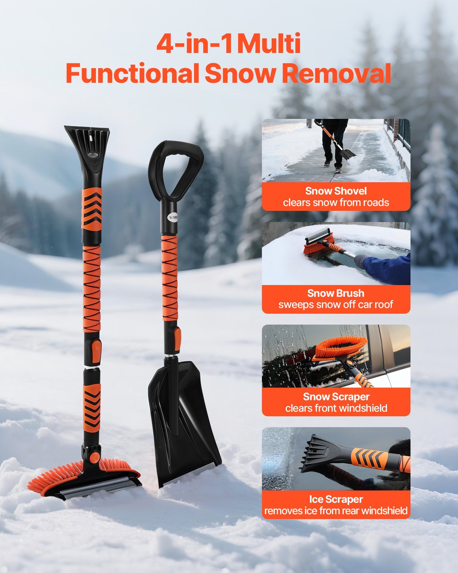 Snow Shovel and Snow Brush, 107cm Extendable Snows Broom & Ice Scraper with 180° Pivoting Brush Head, Non-Slip Grip, Portable Winter Snows Removal Tools for Cars Trucks, SUVs Vehicle - Image 2