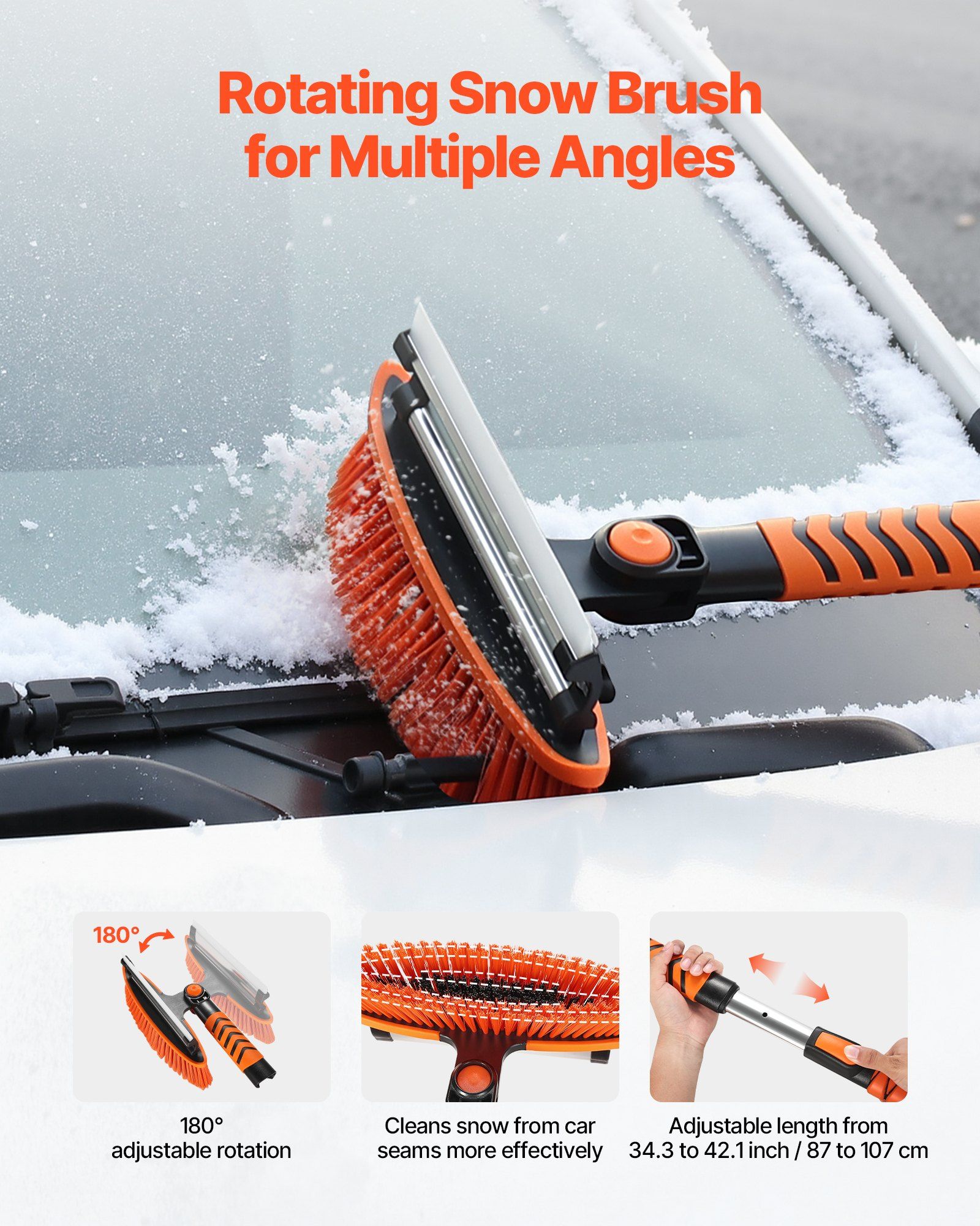 Snow Shovel and Snow Brush, 107cm Extendable Snows Broom & Ice Scraper with 180° Pivoting Brush Head, Non-Slip Grip, Portable Winter Snows Removal Tools for Cars Trucks, SUVs Vehicle - Image 4