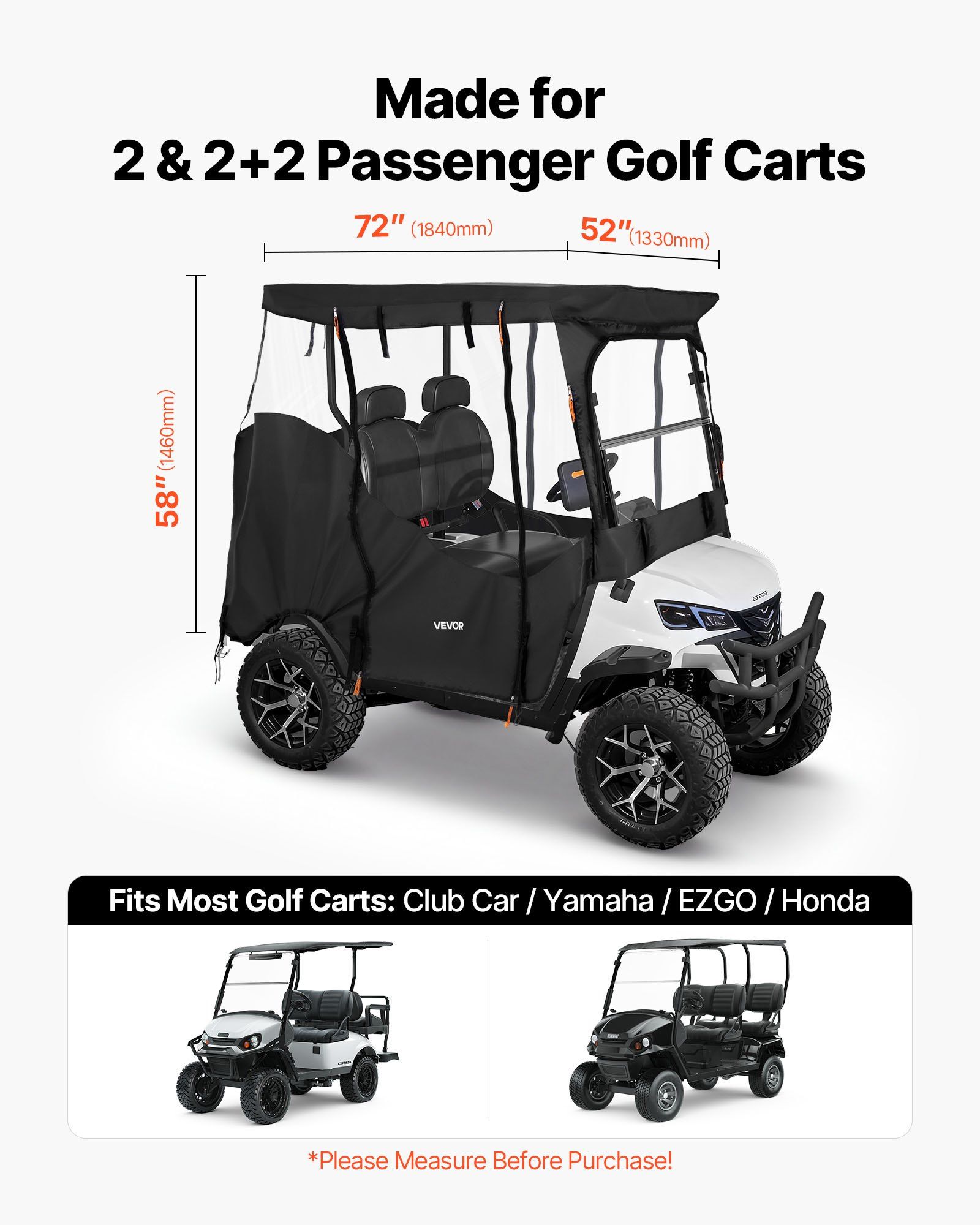 Golf Cart Cover, Visible Full-Enclosure 2&2+2 Passenger Golf Cart, 600D Waterproof Oxford Fabric Club Car Cover Fits Most Carts Club Car, Yamaha, EZGO, Honda, PVC Coating & Windproof Hook Design - Image 2