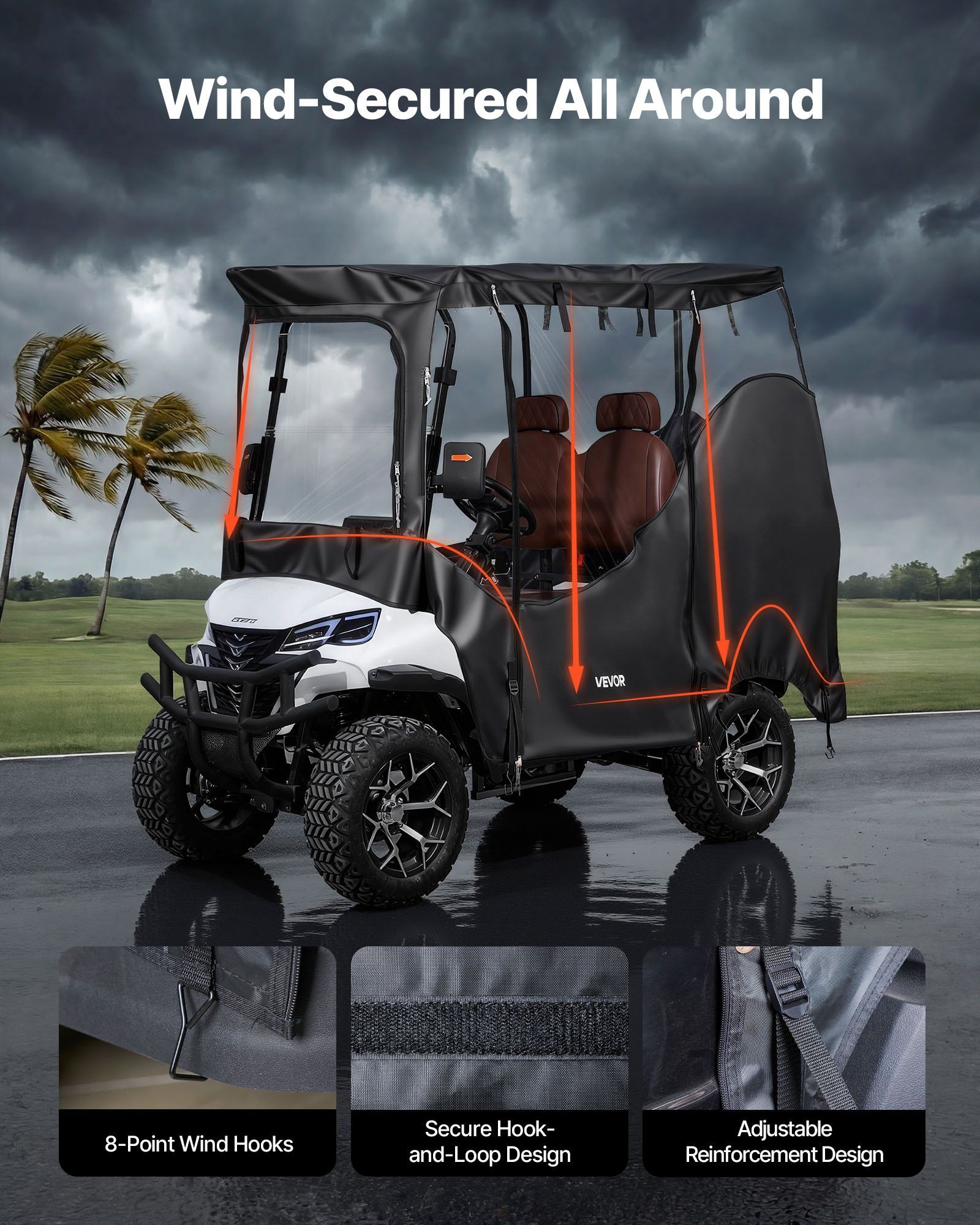 Golf Cart Cover, Visible Full-Enclosure 2&2+2 Passenger Golf Cart, 600D Waterproof Oxford Fabric Club Car Cover Fits Most Carts Club Car, Yamaha, EZGO, Honda, PVC Coating & Windproof Hook Design - Image 5