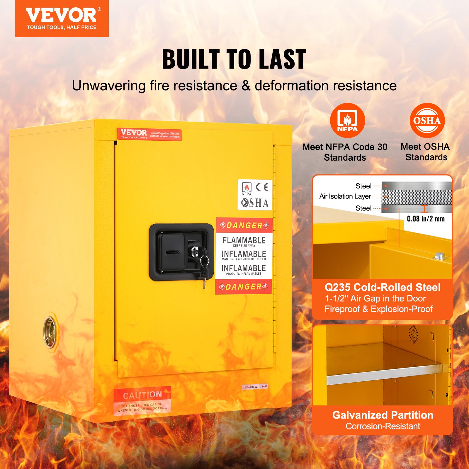 12 Gallon Safety Cabinet for Flammable Liquids Single door and Manual Close Yellow Hazardous Storage - Image 2