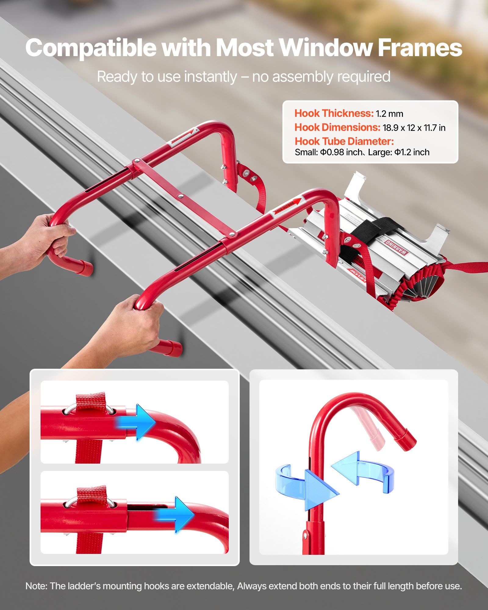 Fire Escape Ladder, 3-Story 7.62m Retractable Emergency Fire Ladder, Lightweight Aluminum Alloy Safety Escape Ladders with Sturdy Polyester Strap, Anti-Slip Rung & Wide Steps, 453KG Max Loading - Image 2