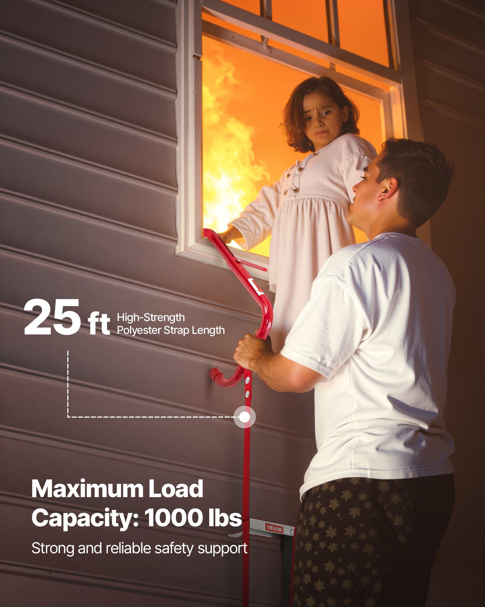 Fire Escape Ladder, 3-Story 7.62m Retractable Emergency Fire Ladder, Lightweight Aluminum Alloy Safety Escape Ladders with Sturdy Polyester Strap, Anti-Slip Rung & Wide Steps, 453KG Max Loading - Image 3