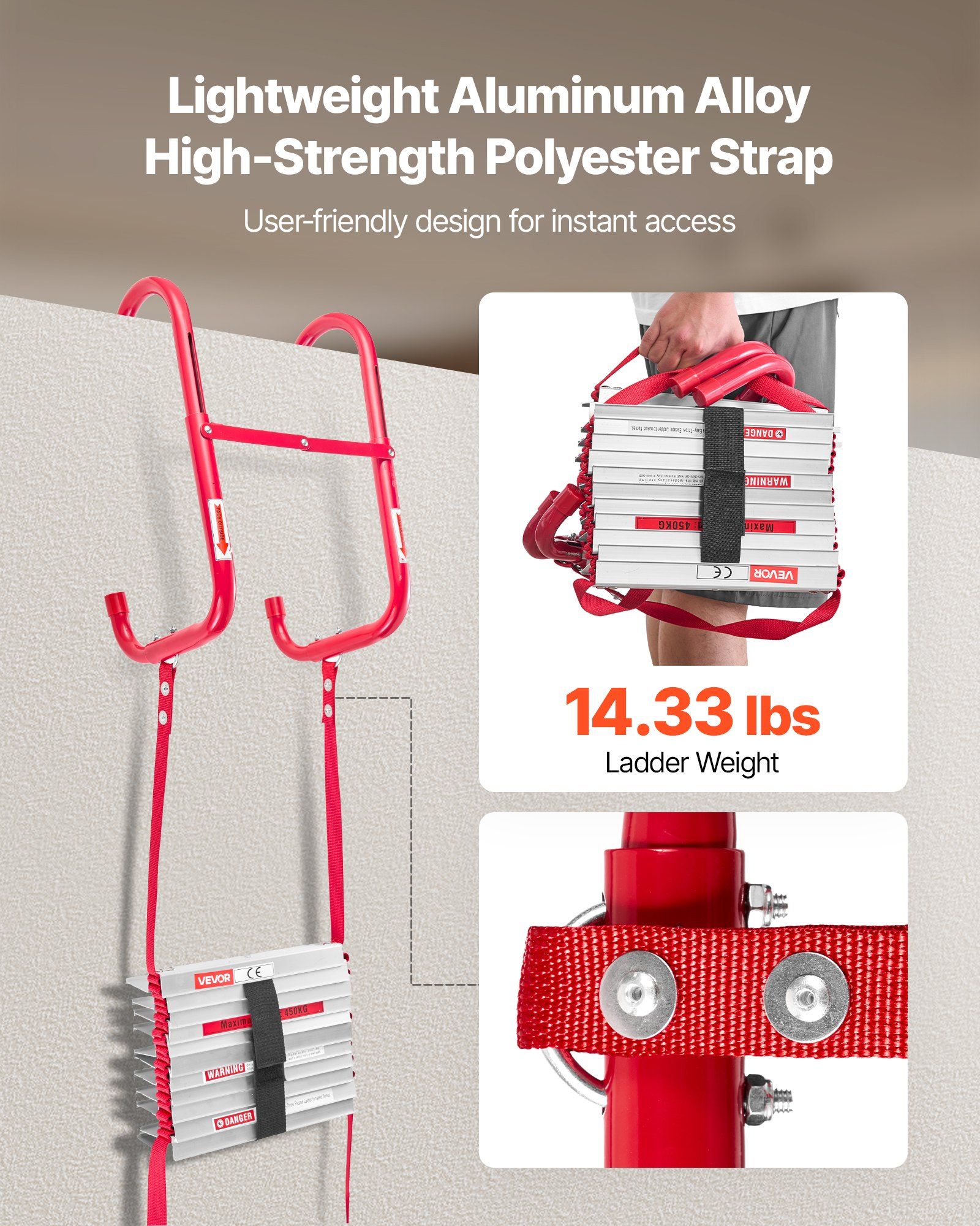 Fire Escape Ladder, 3-Story 7.62m Retractable Emergency Fire Ladder, Lightweight Aluminum Alloy Safety Escape Ladders with Sturdy Polyester Strap, Anti-Slip Rung & Wide Steps, 453KG Max Loading - Image 4