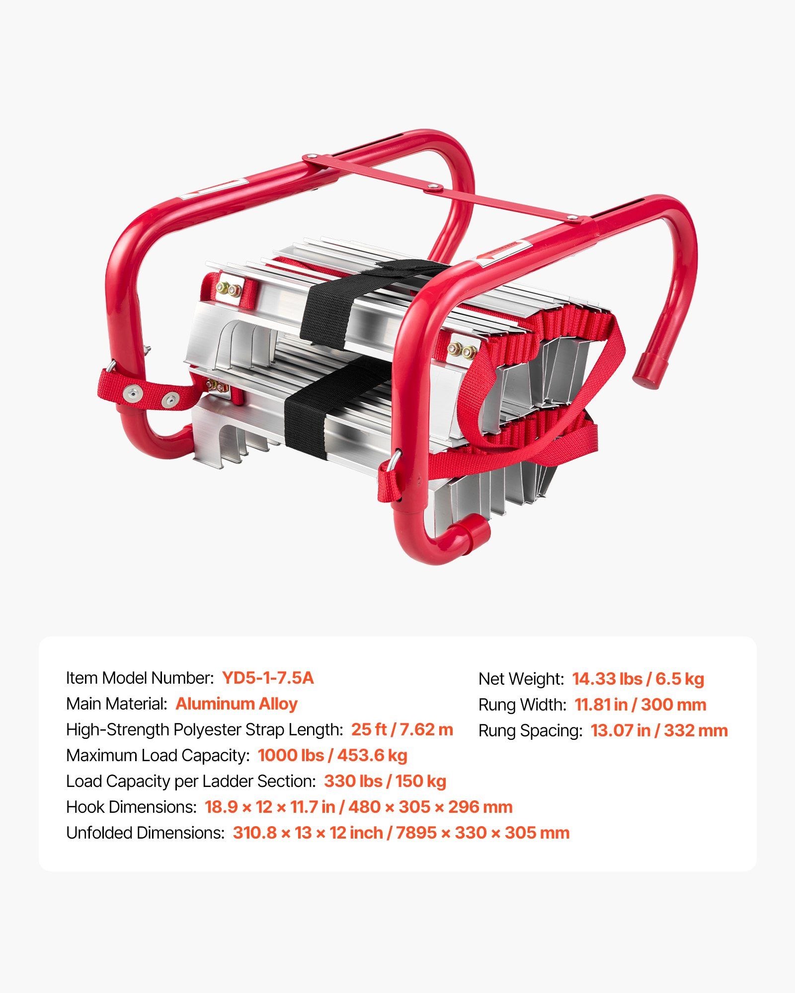 Fire Escape Ladder, 3-Story 7.62m Retractable Emergency Fire Ladder, Lightweight Aluminum Alloy Safety Escape Ladders with Sturdy Polyester Strap, Anti-Slip Rung & Wide Steps, 453KG Max Loading - Image 7