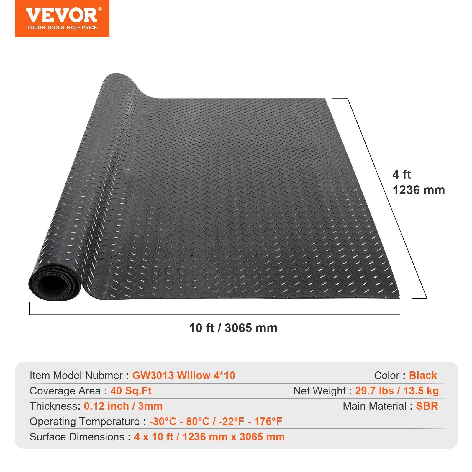 Diamond-Plate Rubber Flooring Roll, 3 mm x 4 ft x 10 ft Garage Floor Mat, SBR Rubber Garage Flooring Roll, Easy to Clean, Diamond Plate Rubber Mat for Under Cars, Garage Industry Gym, Black - Image 7