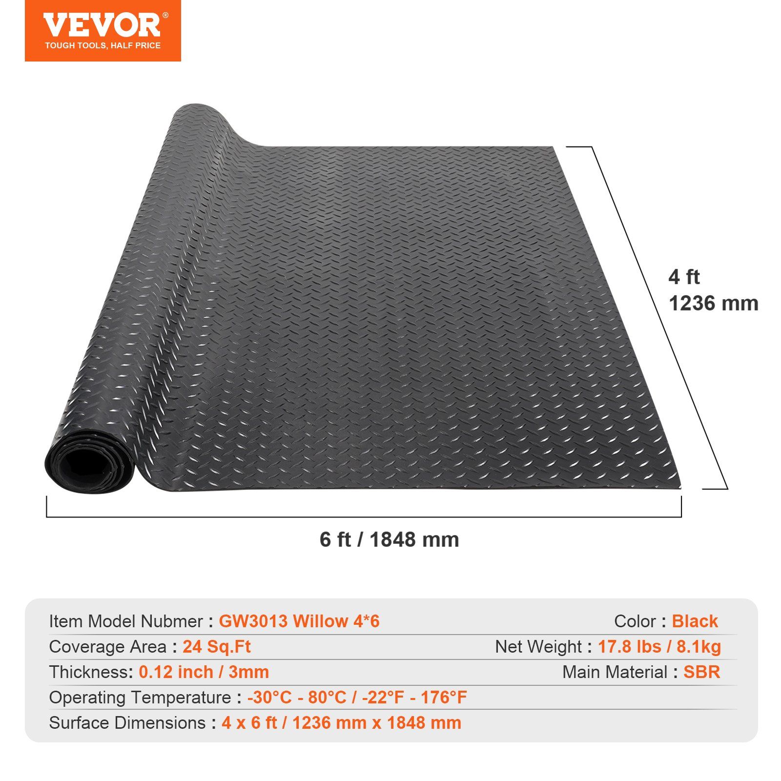 Diamond-Plate Rubber Flooring Roll, 3 mm x 4 ft x 6 ft Garage Floor Mat, SBR Rubber Garage Flooring Roll, Easy to Clean, Diamond Plate Rubber Mat for Under Cars, Garage Industry Gym, Black - Image 7