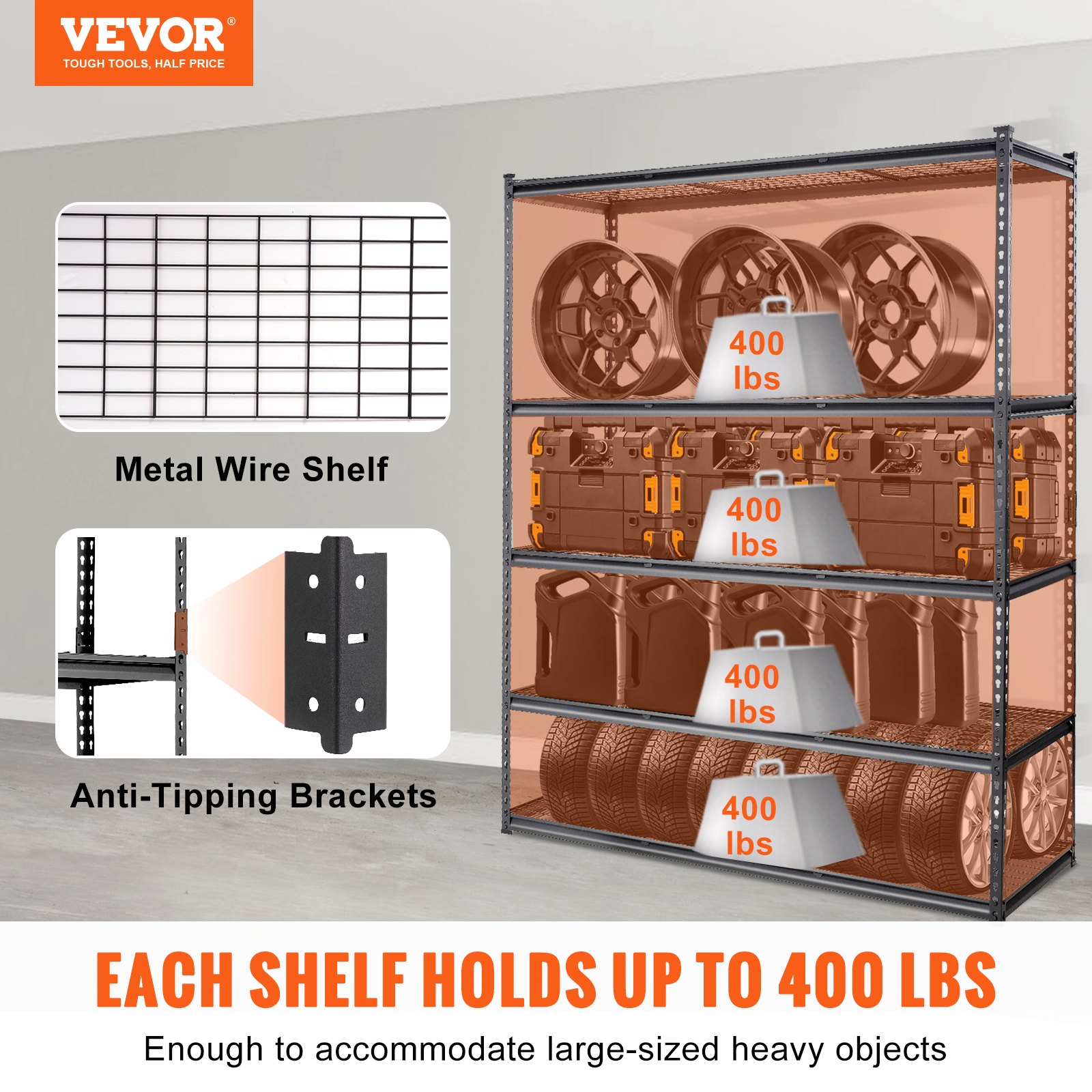 Storage Shelving Unit, 5-Tier Adjustable, 2000 lbs Capacity, Heavy Duty Garage Shelves Metal Organizer Wire Rack, Black, 60