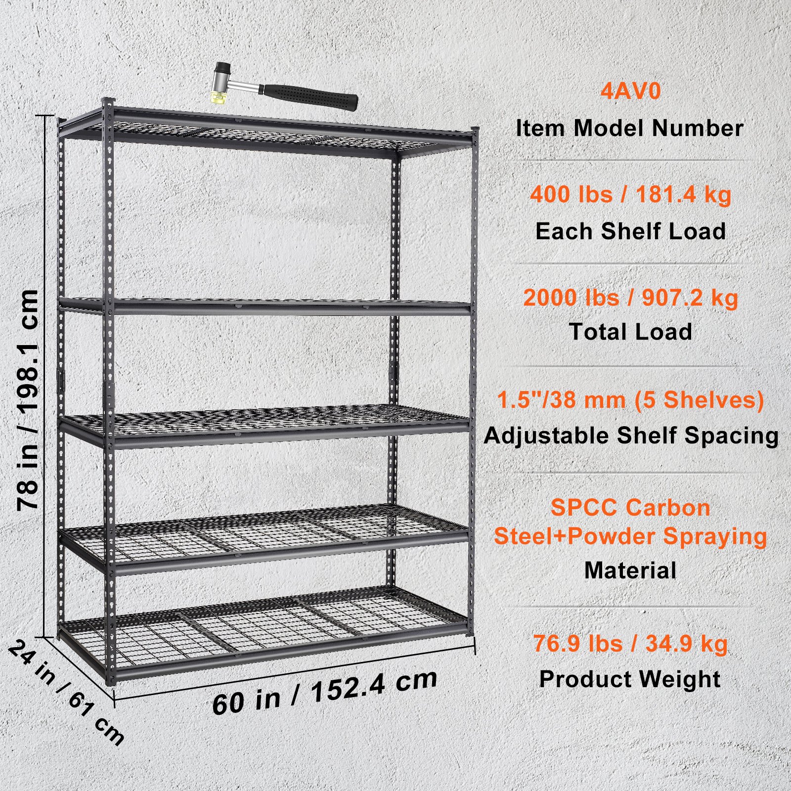 Storage Shelving Unit, 5-Tier Adjustable, 2000 lbs Capacity, Heavy Duty Garage Shelves Metal Organizer Wire Rack, Black, 60