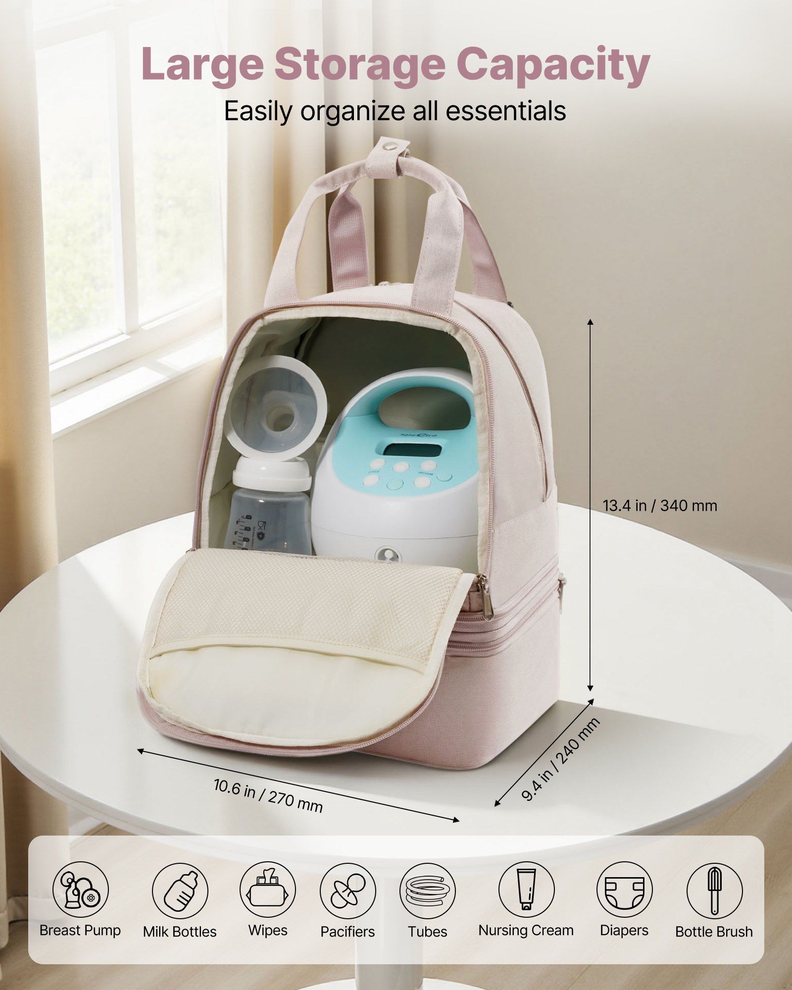 Breast Pump Backpack, Breast Feeding Bag with Ice Pack, Fits for S1/S2, Pumping Accessories & Breastmilk Storage, Portable Pump Carrying Case for Work, Travel and Family Use, Light Pink - Image 2