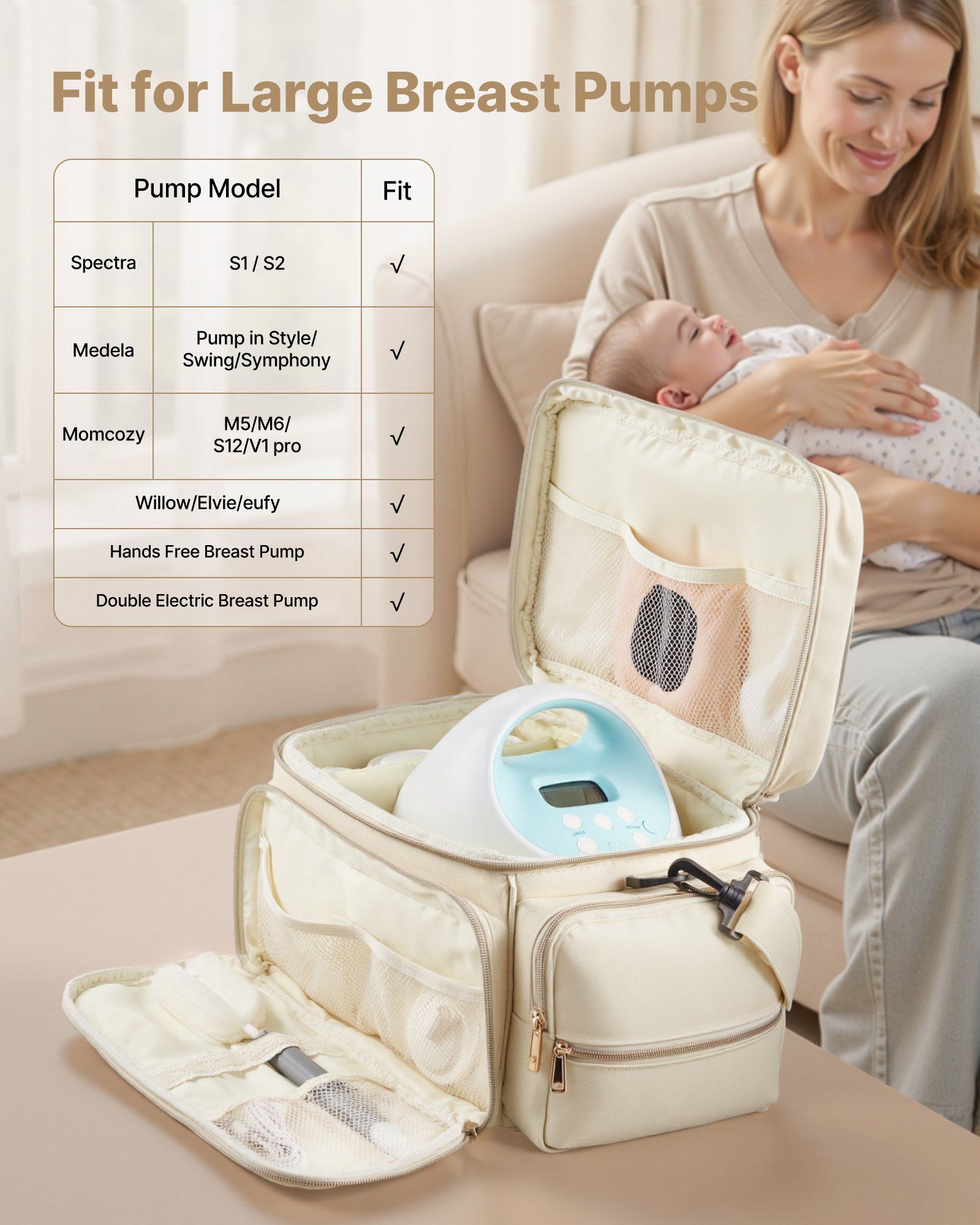 Breast Pump Bag, Breast Feeding Bag with Waterproof Mat, Fits for S1/S2, Pumping Accessories & Breastmilk Storage, Portable Pump Carrying Case for Work, Travel and Family Use, Beige - Image 4