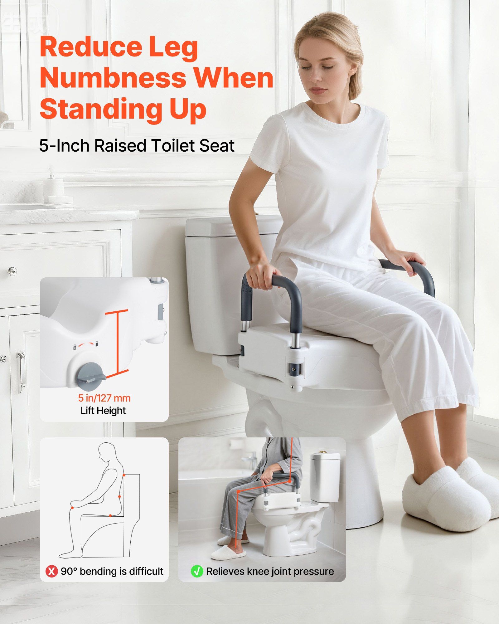 Raised Toilet Seat with Arms, 136.1 kg Load Capacity, 127 mm Lift Height, Widened Commode Elevated Toilet Seat Riser with Padded Handles for Seniors, Elderly, Handicap, Disabled, and Adults Use - Image 2